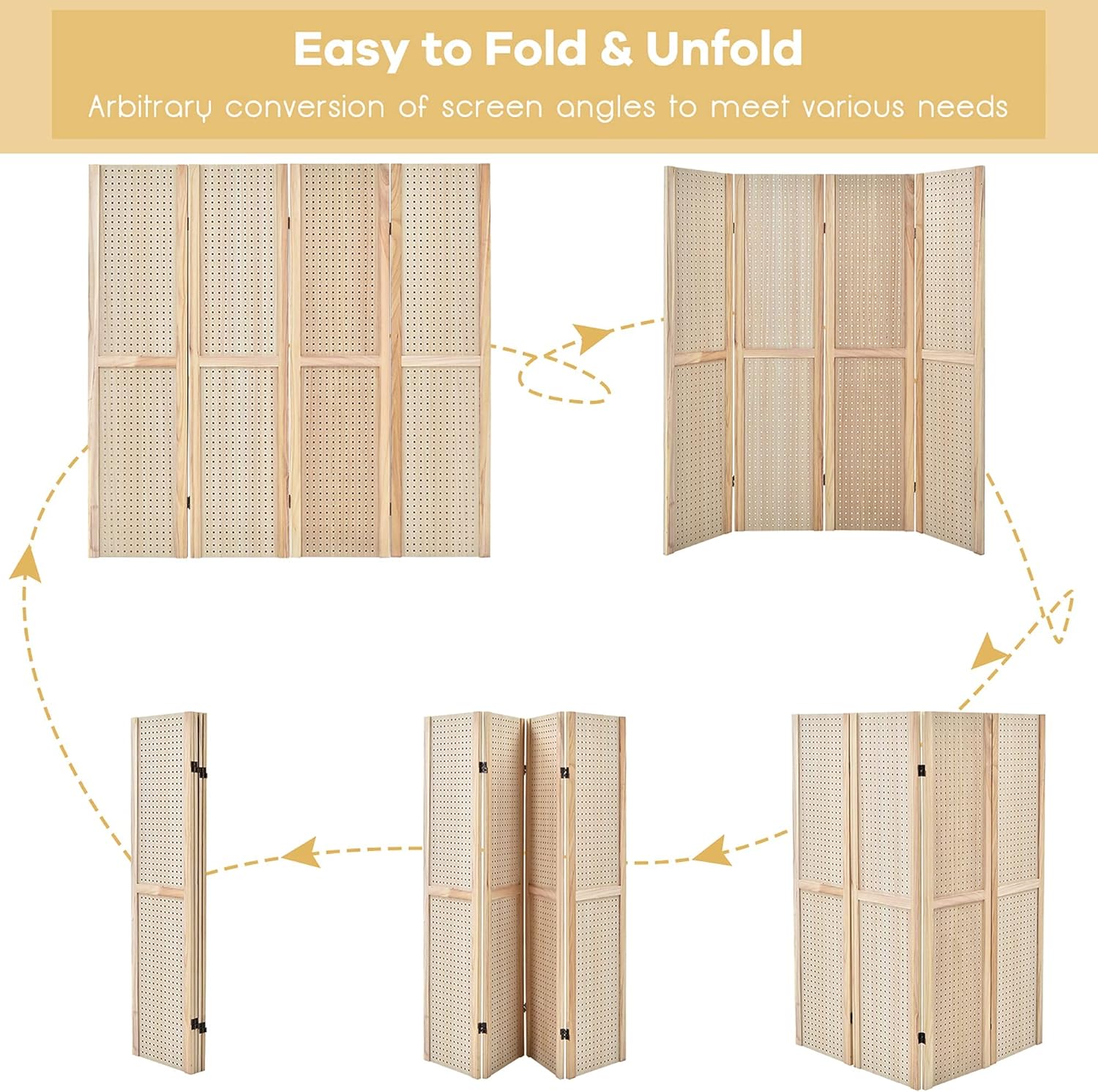 DORTALA Divisores de habitación de 4 paneles, divisor de pantalla de tablero de clavijas de 5 pies de alto para separación de habitaciones,