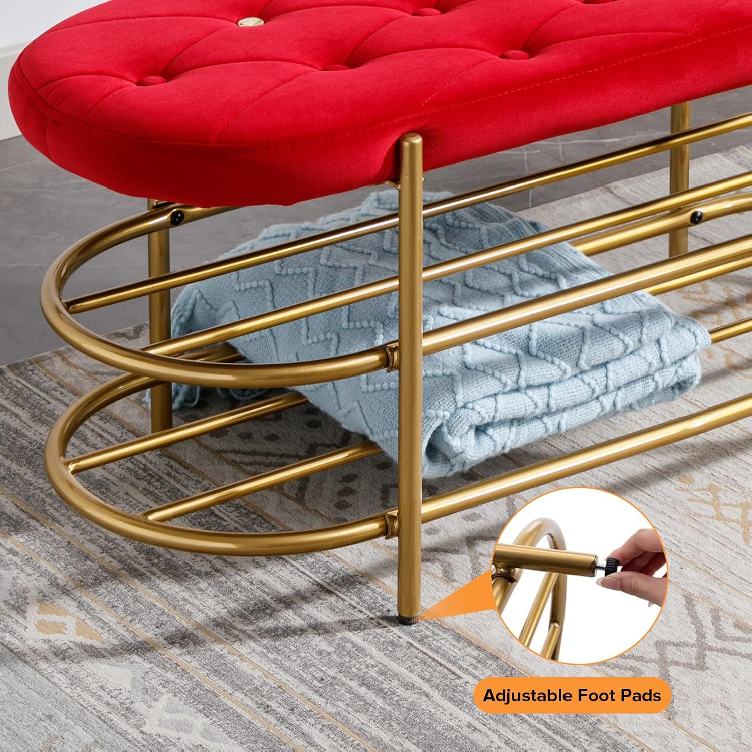 Banco de terciopelo con almacenamiento, banco de extremo de cama con estante doble, banco tapizado para zapatos con patas doradas, para dormitorio,