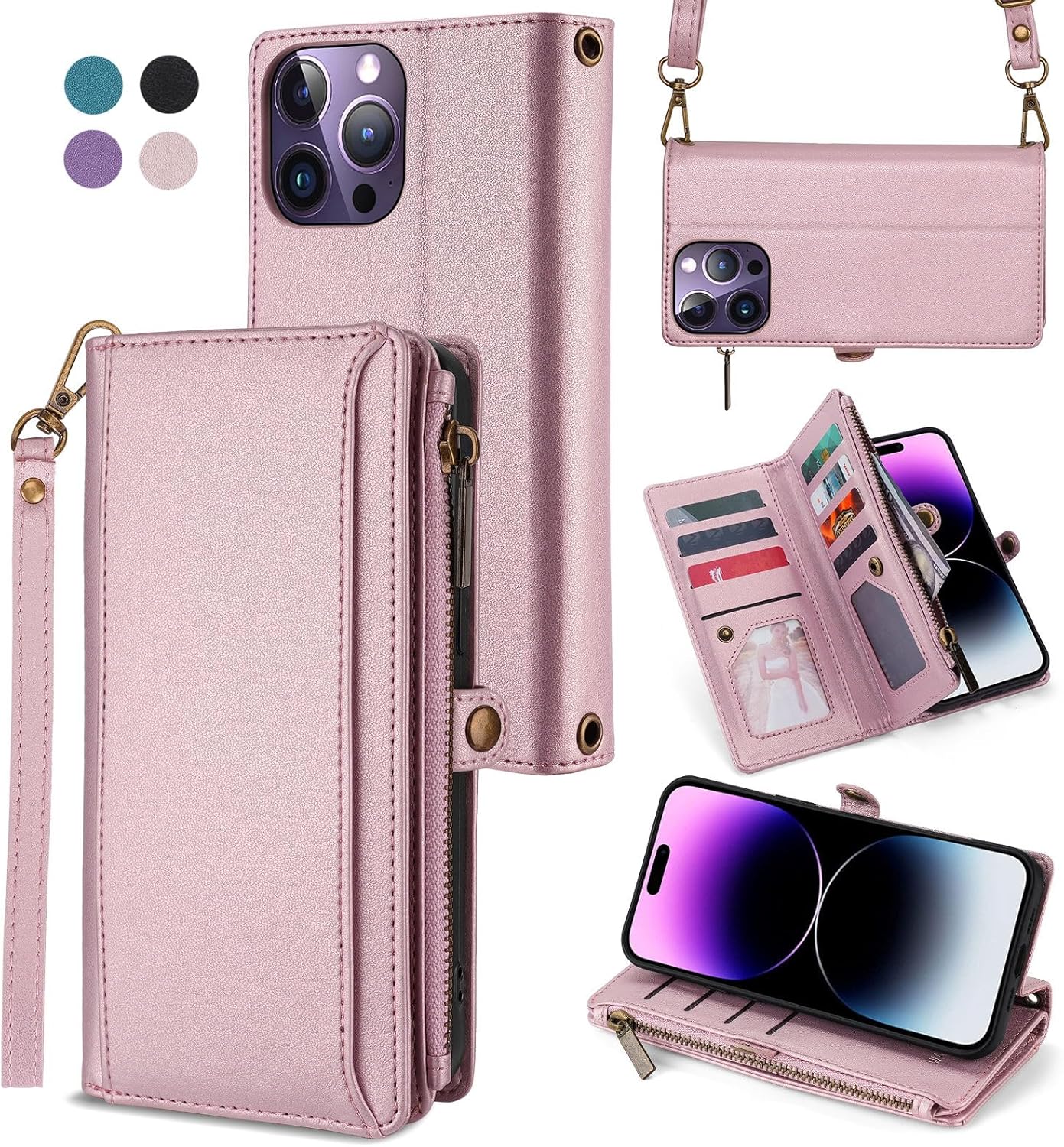 Funda para iPhone 15, iPhone 15 para mujeres y hombres, funda de piel sintética con tapa para tarjeta de crédito RFID, correa cruzada carcasa
