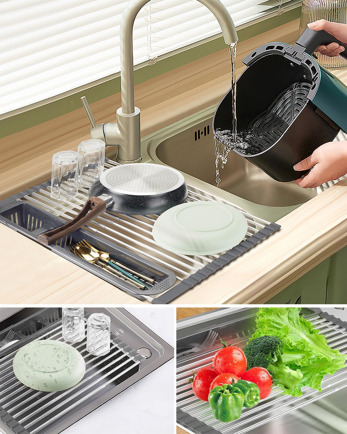 Escurridor de platos enrollable, escurridor de platos extensible sobre el fregadero, estante de cocina de acero inoxidable con soporte para