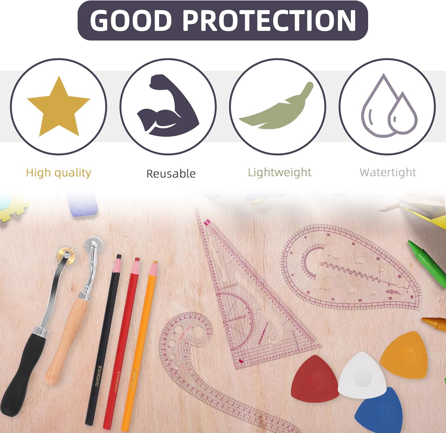 Swpeet Kit de regla de costura métrica transparente de 33 piezas con triangular, curva, regla de coma, clips de plástico de varios colores, tiza