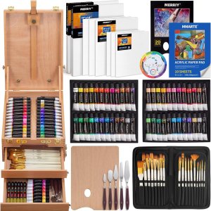 MERRIY Juego de pintura acrílica de 80 piezas, kit de suministros de pintura para artistas con caballete de caja de bocetos de mesa, pinturas MERRIY Juego de pintura acrílica de 80 piezas, kit de suministros de pintura para artistas con caballete de caja de bocetos de mesa, pinturas