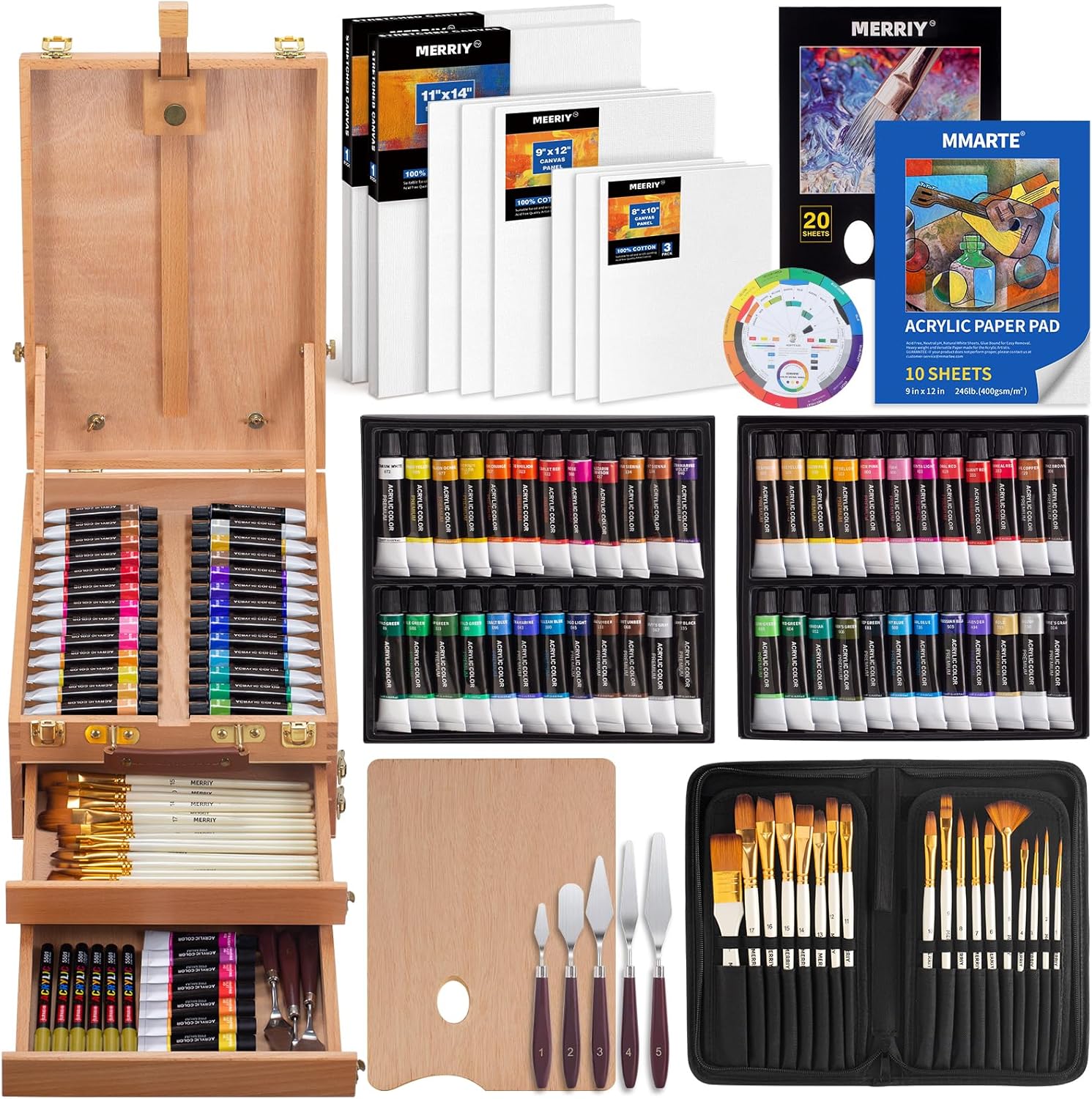 MERRIY Juego de pintura acrílica de 80 piezas, kit de suministros de pintura para artistas con caballete de caja de bocetos de mesa, pinturas