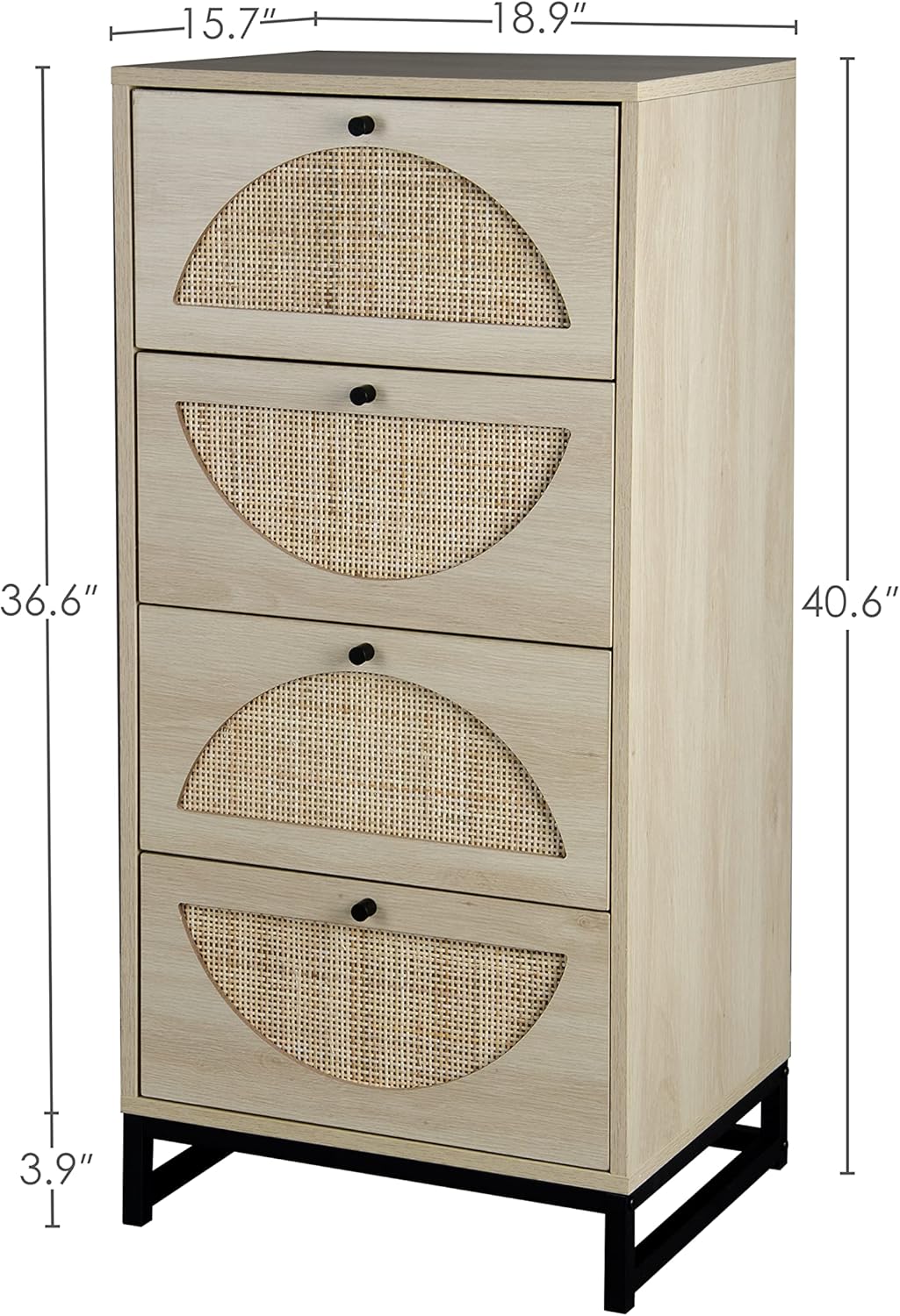 Angel Sar Armario alto de ratán con 4 cajones, cómoda de ratán de madera para dormitorio, mesa de sofá con base de metal para sala de estar, entrada
