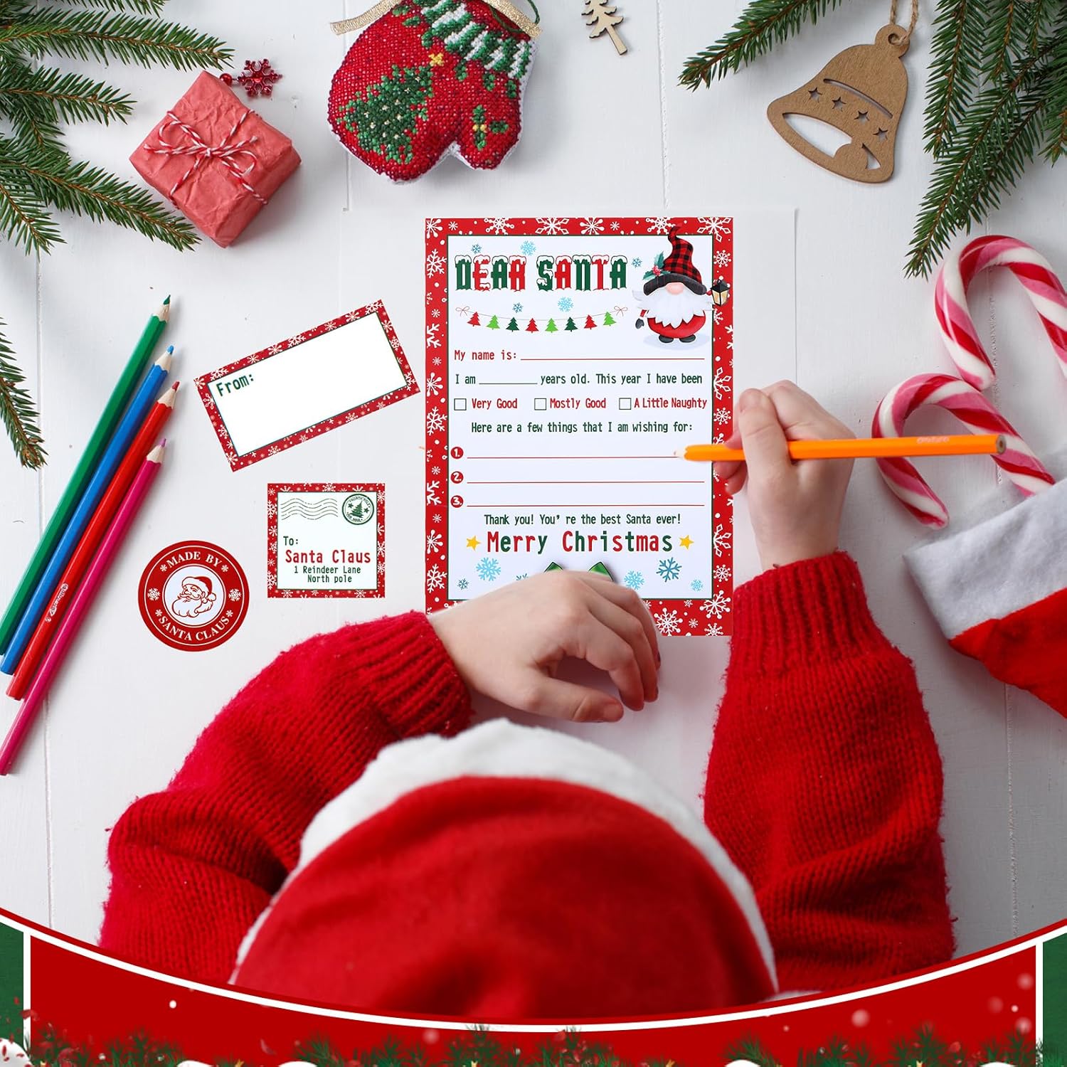 Juego de 75 cartas a Santa para escribir listas de deseos de Navidad, juego de 15 tarjetas navideñas con sobres rojos y calcomanías, regalo de