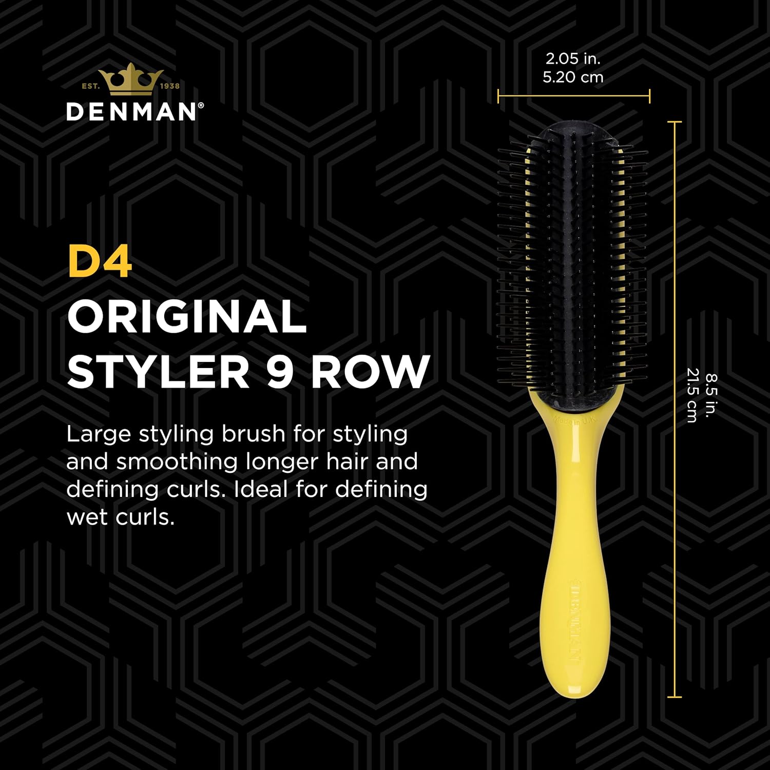 Denman Cepillo de pelo rizado D4 (amarillo) 9 filas para peinar, alisar el cabello más largo y definir rizos, para mujeres y hombres
