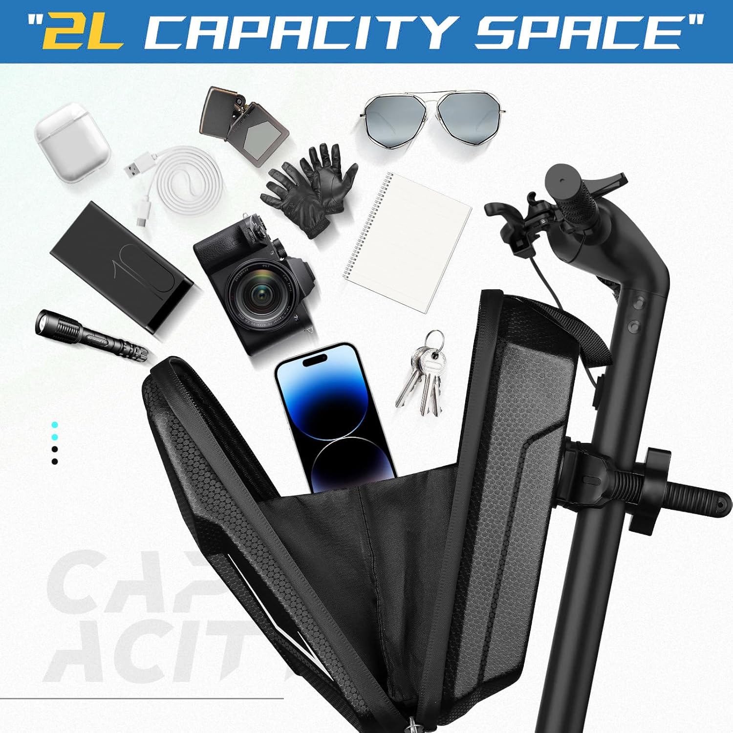 Bolsa de scooter eléctrico, accesorios de scooter para adultos, bolsa de transporte delantera impermeable EVA, bolsa de transporte frontal de gran