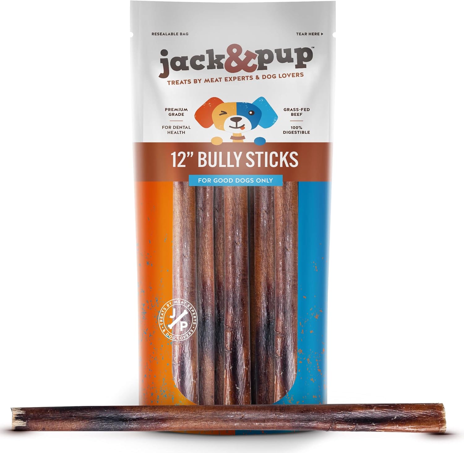 Jack&Pup Bully Sticks de 12 pulgadas para perros grandes  Palitos gruesos sin olor para todos los perros  Todos los masticables naturales de larga