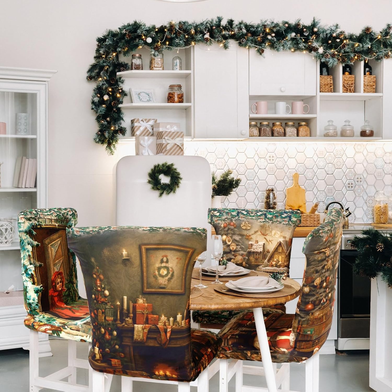 Preboun Juego de 6 fundas para sillas de Navidad, protectores de comedor de Navidad, diseño de Papá Noel, fundas extraíbles y lavables para comedor,