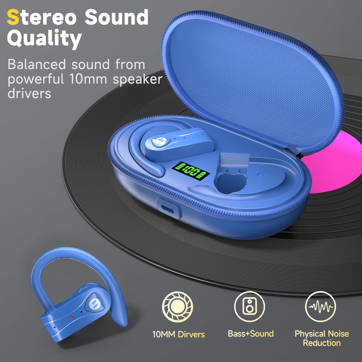 Bluetooth Headphones Noise Canceling 4 Mics Clear Call Stereo Bass Sound 60H Playtime Wireless Charging Case Over Ear Earphones LED Digital Display