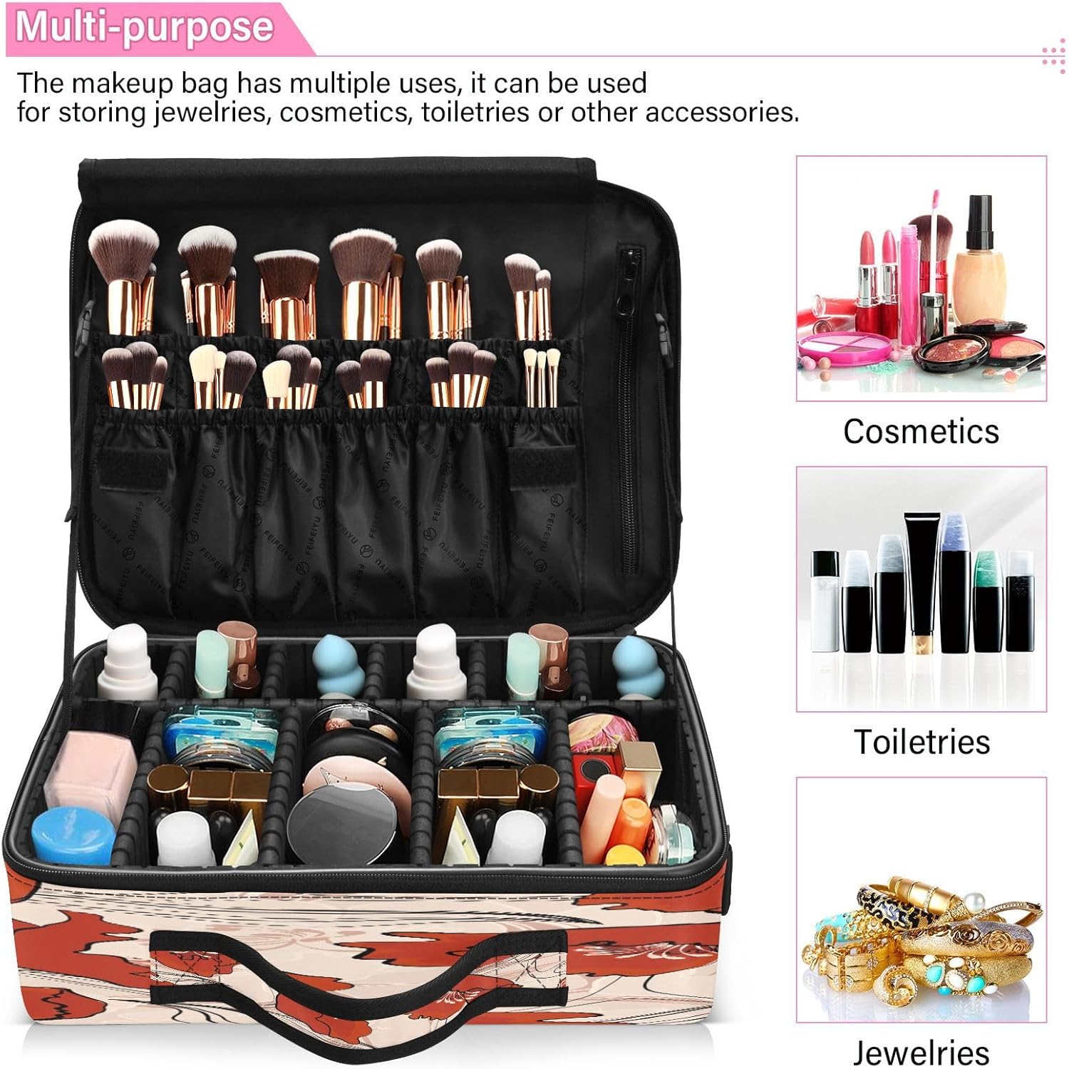Zathe Painting Red Flower cosmetic bag with handles bag travel toiletry opening makeup bag makeup storage organizer bolso para cosmeticos for women
