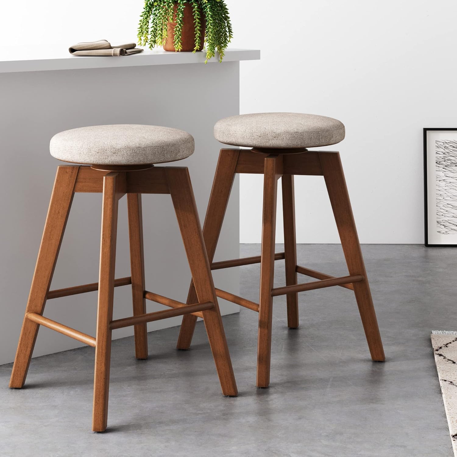 Nathan James Amalia Taburete de bar de altura de encimera de cocina sin espalda, madera maciza con asiento giratorio de 360 grados, café