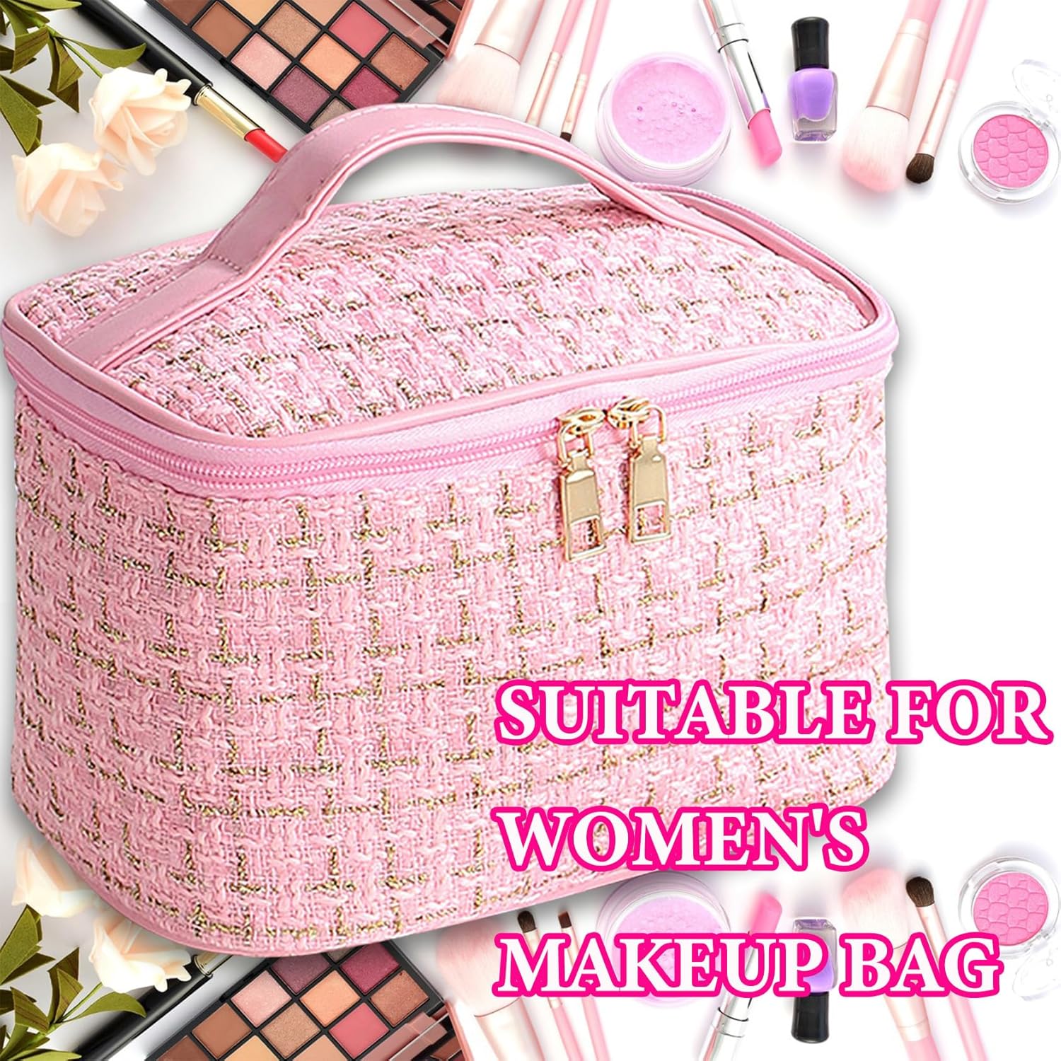 Bolsa de maquillaje a cuadros Bolsa de cosméticos, Rosado