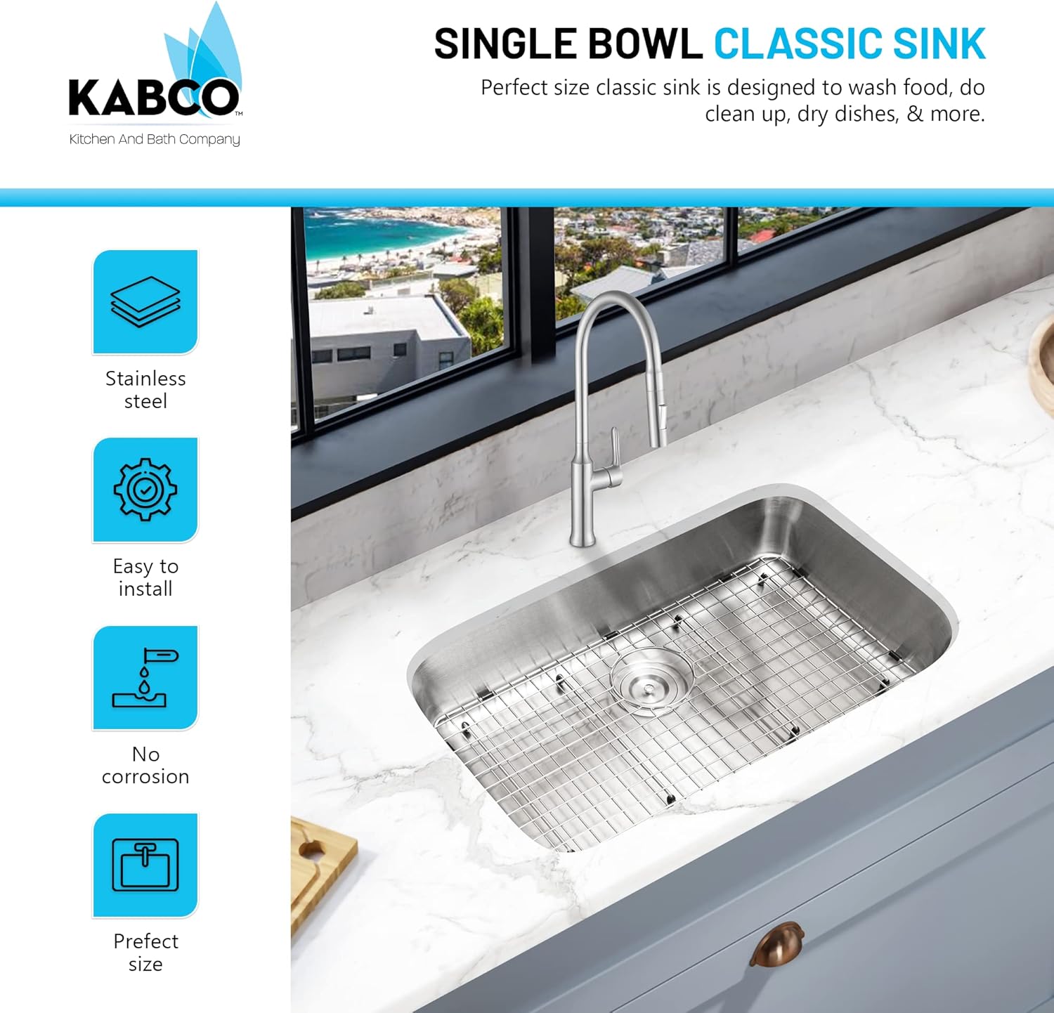 KABCO Fregadero de cocina de acero inoxidable de 30 pulgadas compatible con la ADA, con colador de fregadero, cesta de basura extraíble y rejilla de