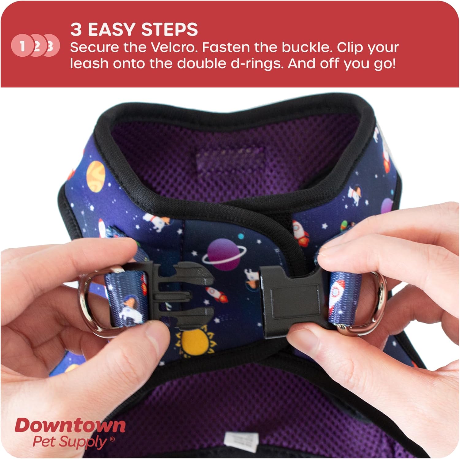 Downtown Pet Supply – Arnés ajustable para perros pequeños, antitirones, XS, diseño espacial, tela de malla acolchada y borde reflejante, arnés de