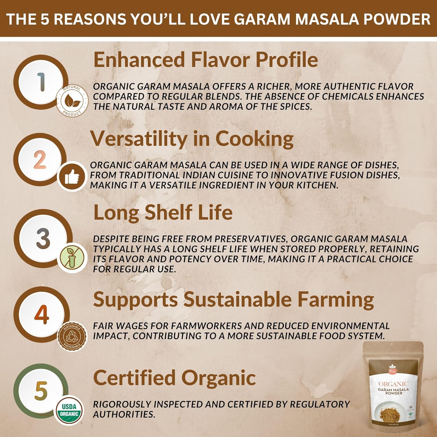 SPICY ORGANIC Garam Masala – Mezcla tradicional de especias indias para curry, condimento de pollo, adobos, arroz, sopas, guisos, tofu y paneer,