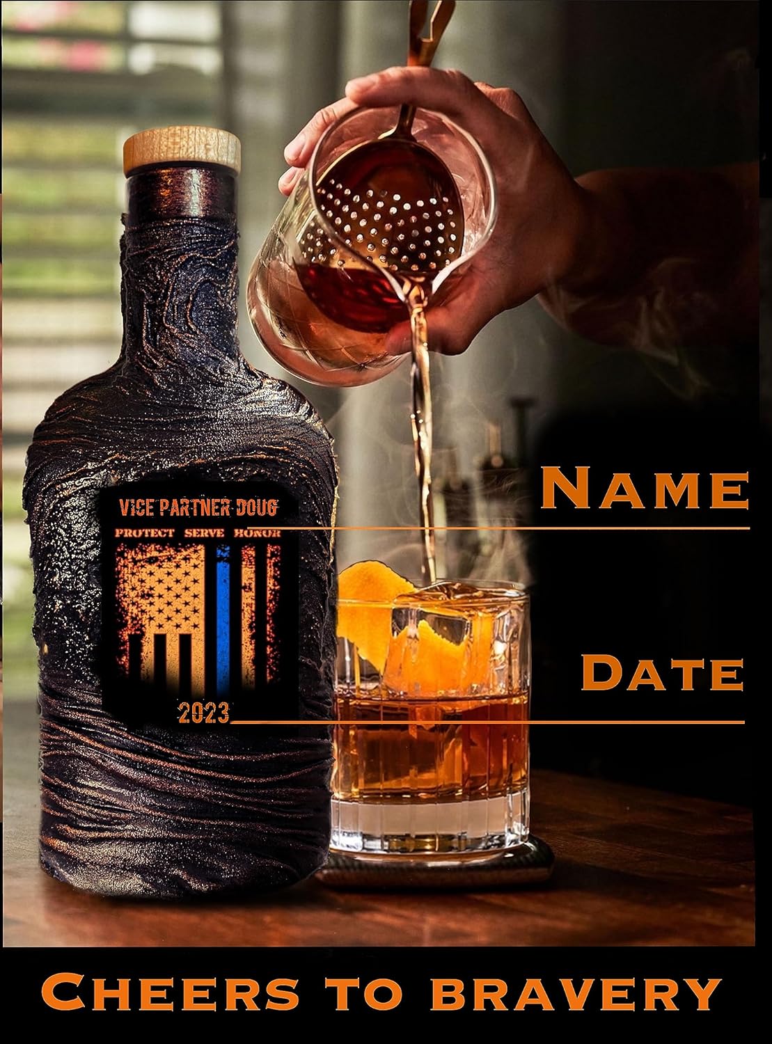 Personalized Police Whiskey Decanter Set for Men, Dad, Officer, Captain, Sergeant – Includes Custom Decanter, Glasses, Serving Board, Gift Box –