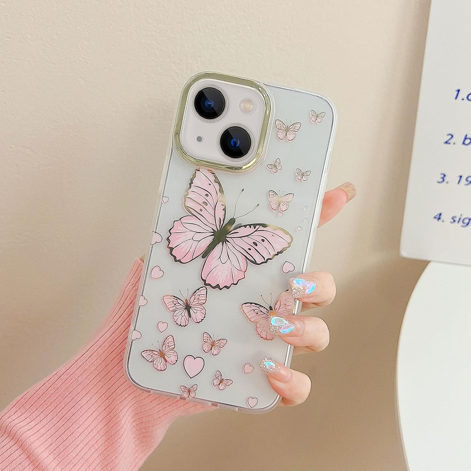 Funda transparente con purpurina para iPhone 15 para mujeres y niñas, mariposas doradas, bonito patrón en forma de corazón, ajuste delgado, funda