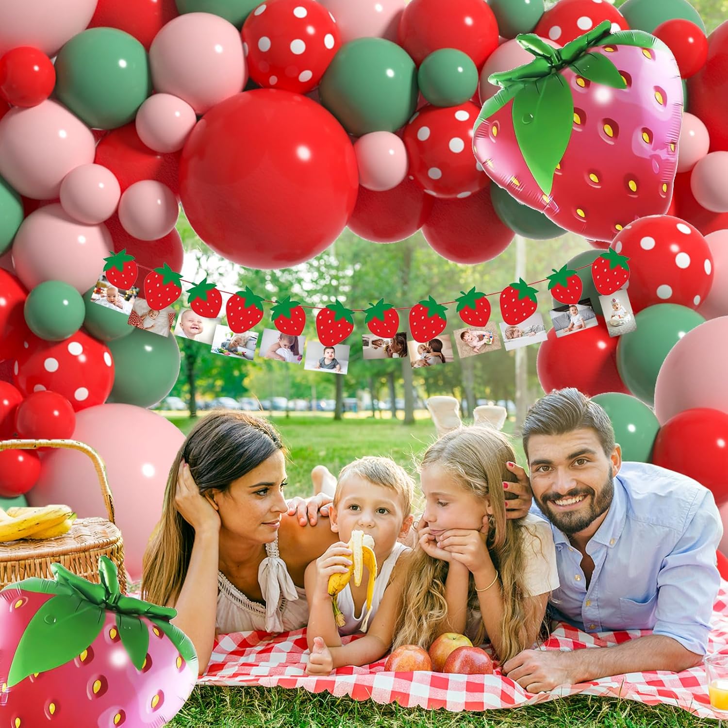 Kit de arco de globos de fresa, decoración de fiesta de cumpleaños con diseño de frutos rojos, rosa, salvia, verde, lunares, guirnalda de baby