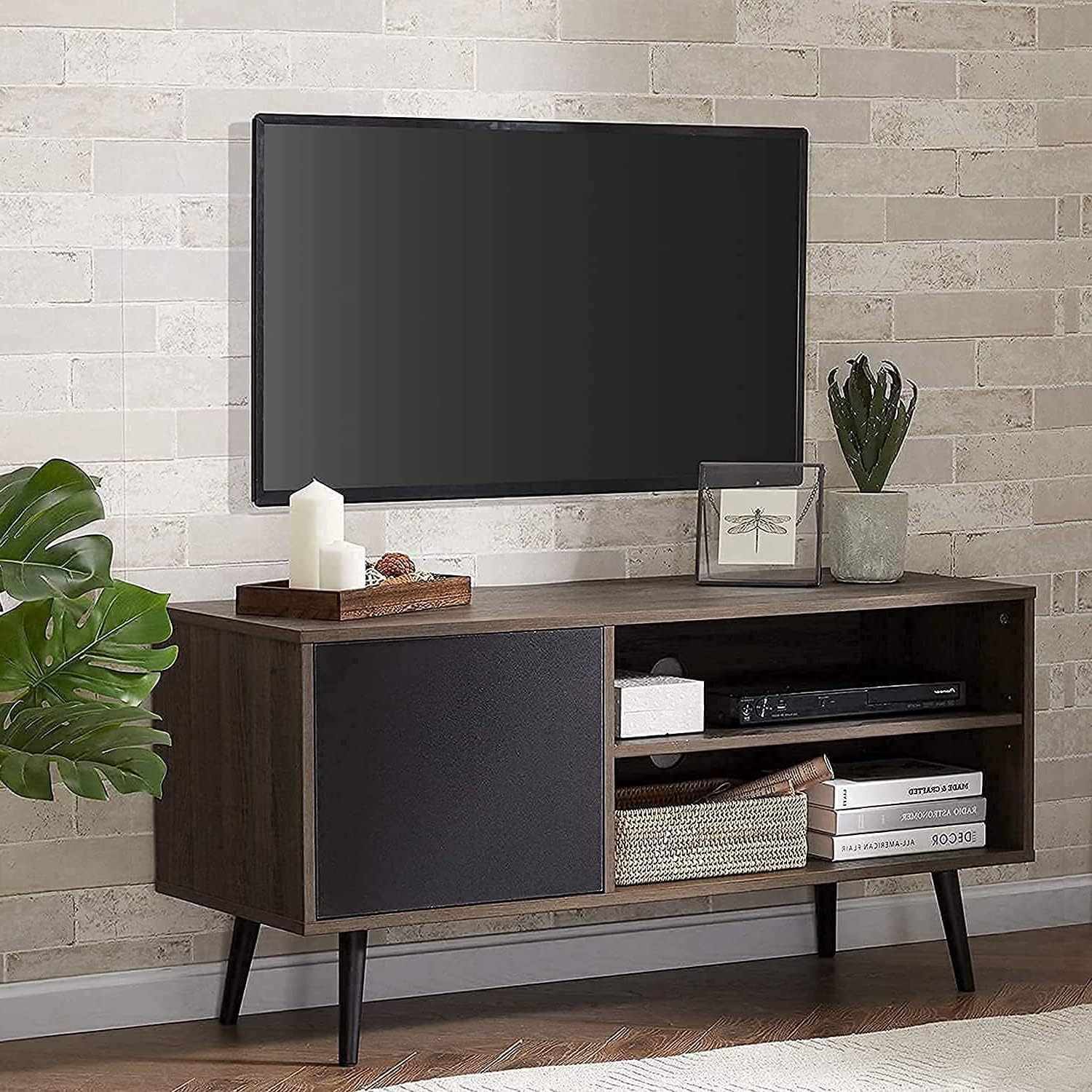 WAMPAT Soporte de TV moderno de mediados de siglo para pantalla plana de 55 pulgadas, gabinete de TV de madera con almacenamiento, centro de