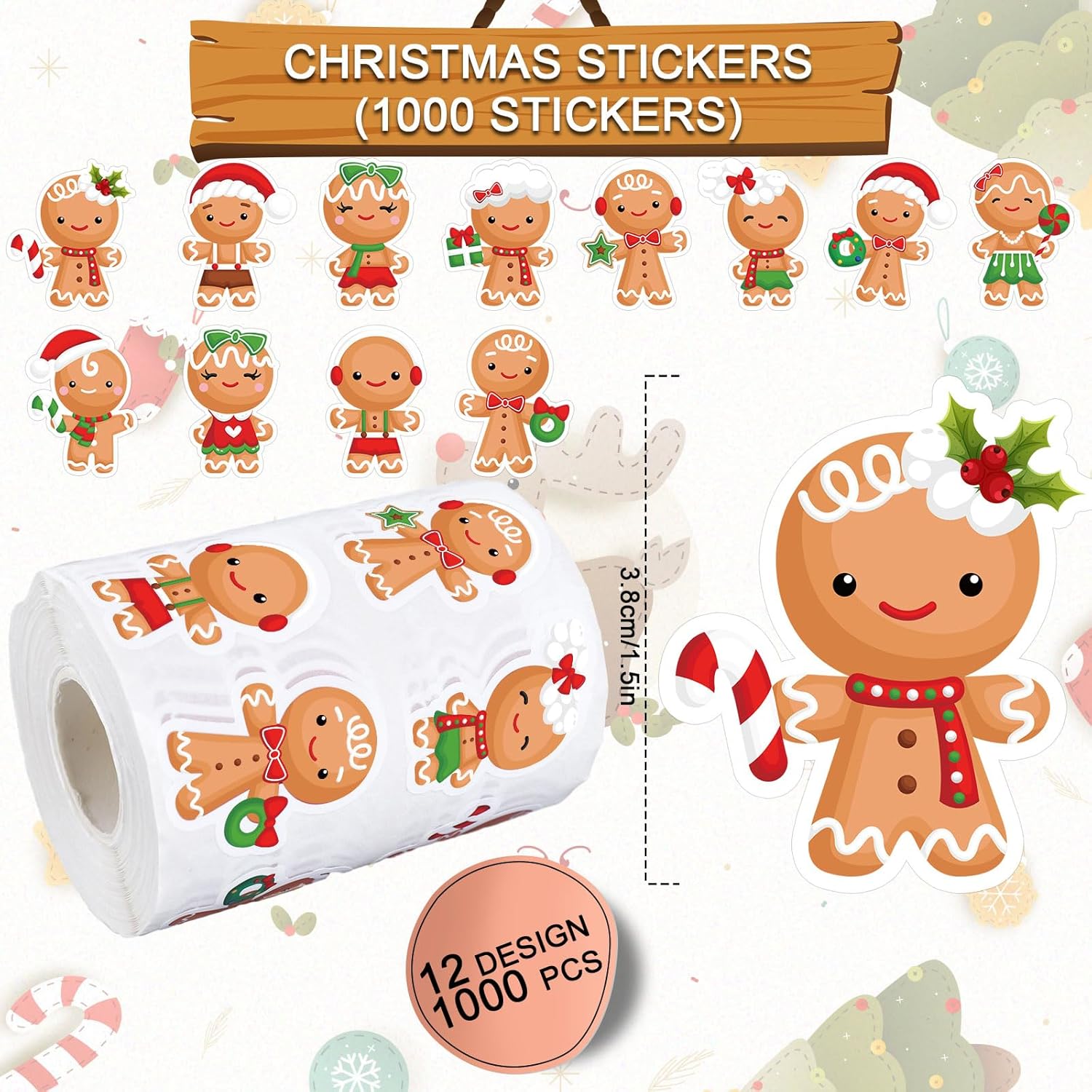 Whaline 1000 calcomanías de Navidad en rollo de hombre de jengibre, 12 diseños divertidos de dibujos animados, adhesivos decorativos para regalo,