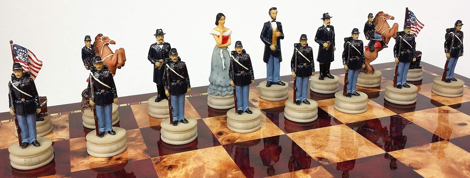 Juego de ajedrez de reinas de la guerra civil estadounidense con tablero de almacenamiento de color cereza y Burlwood de 17 pulgadas de alto brillo