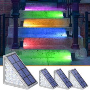 NIORSUN Luces solares para exteriores, paquete de 4 luces solares RGB que cambian de color sólido para escaleras, impermeables, IP67, encendido y NIORSUN Luces solares para exteriores, paquete de 4 luces solares RGB que cambian de color sólido para escaleras, impermeables, IP67, encendido y