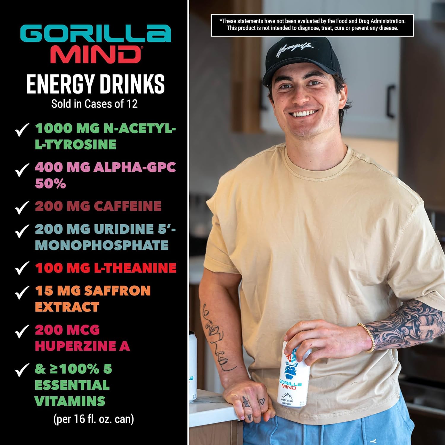 Gorilla Mind Bebida energética  Energía inigualable  Enfoque amplificado  N-acetil-L-tirosina, alfa-GPC, 200 mg de cafeína, uridina, azafrán  0