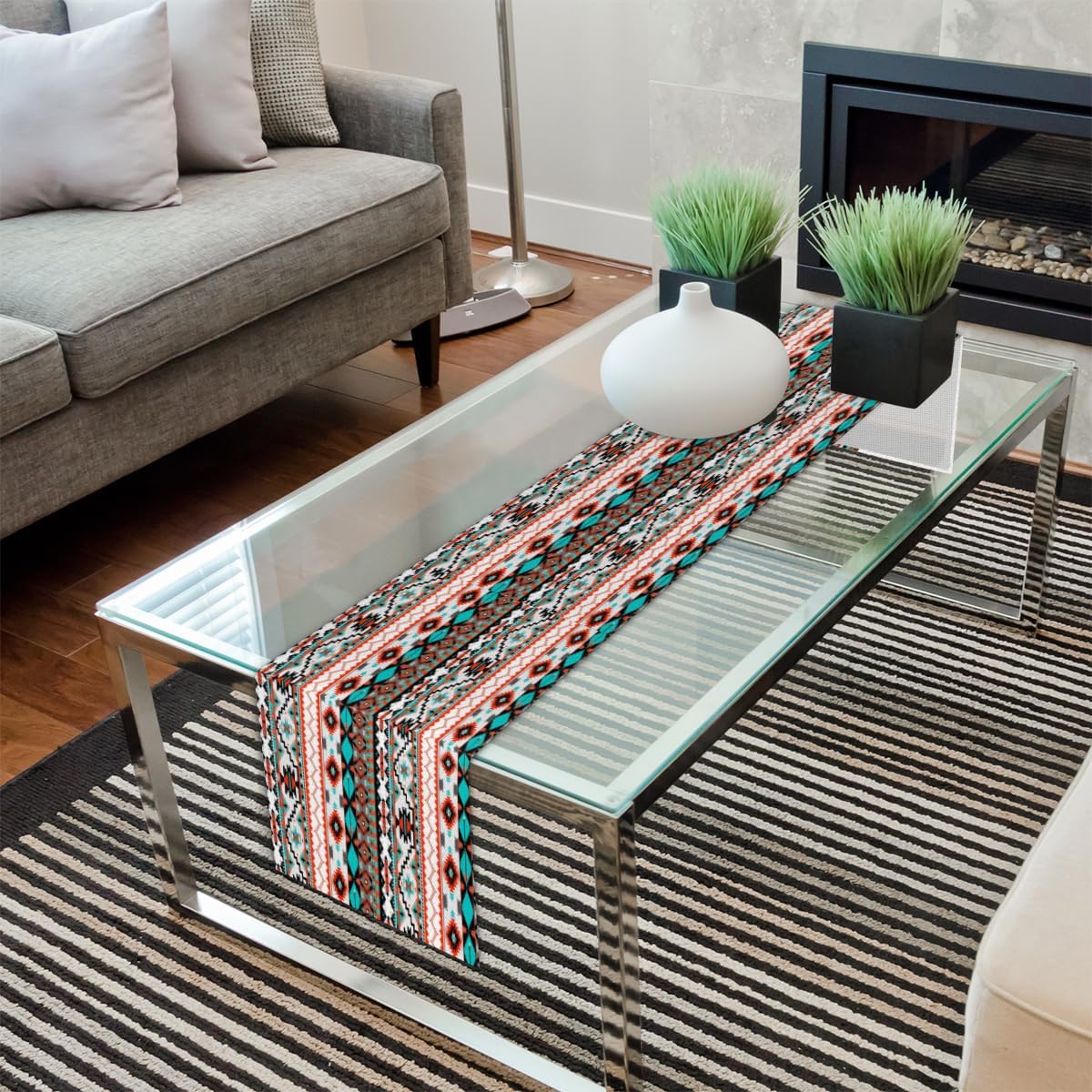 Table Runner Ethnic Tribal Geometric Pattern, Rustic Linen Table Cloth for Farmhouse Kitchen, Dinner, Events, Party, Holiday Table Decor 13 x 60