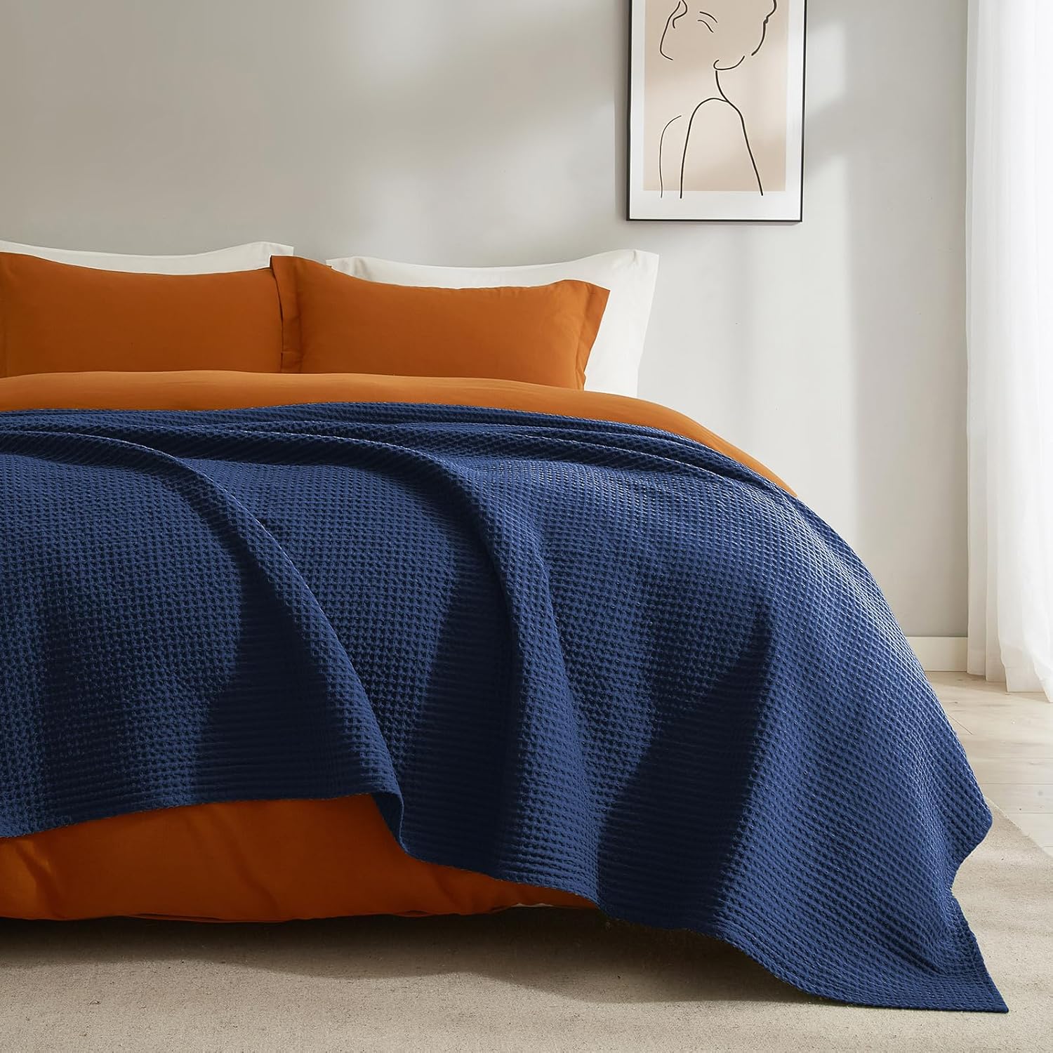 PHF – Manta 100% algodón tejido gofre tamaño Queen 90 x 90 pulgadas, manta suave y transpirable prelavada para todas las estaciones, capa perfecta