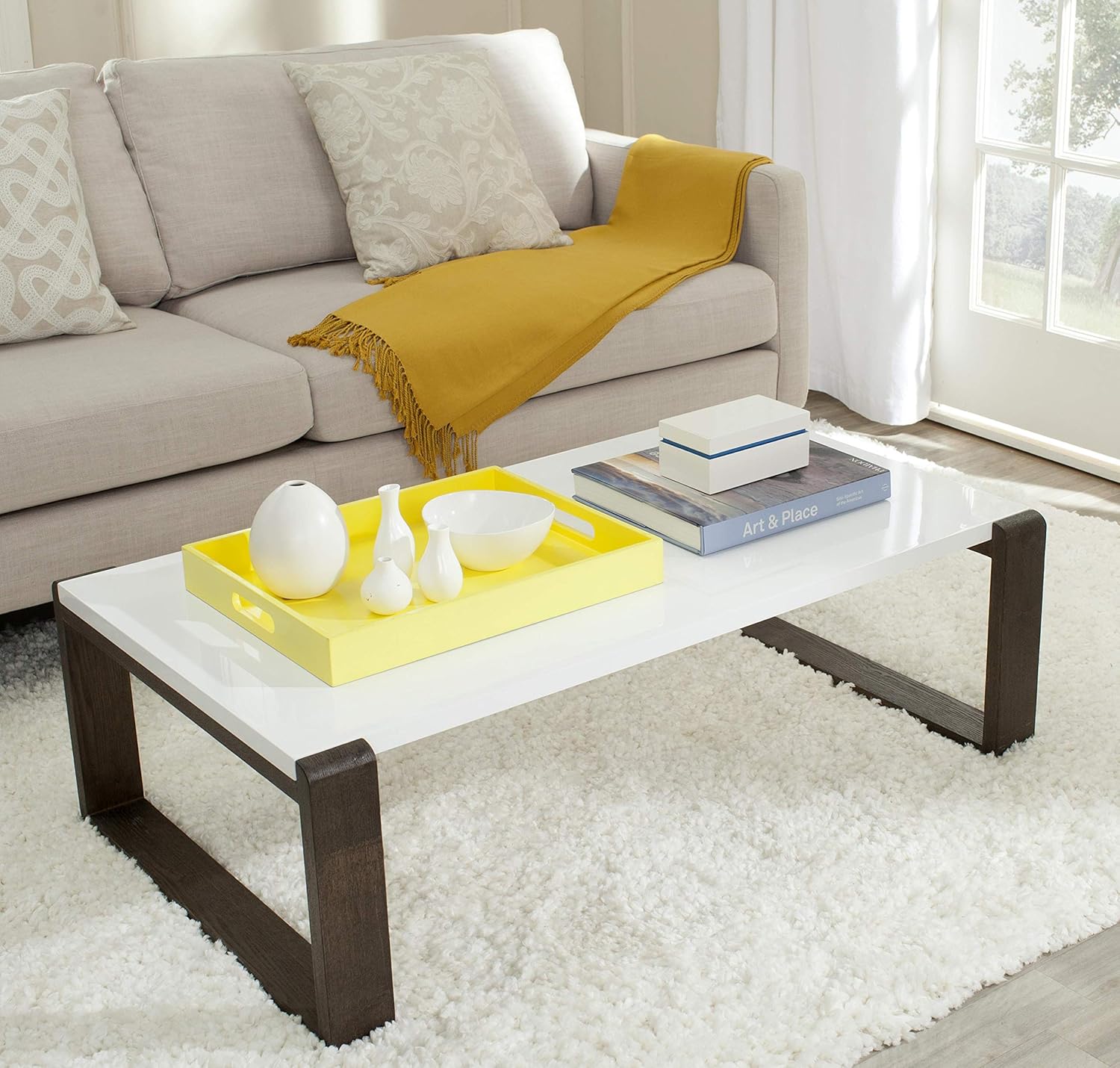 Safavieh Home Collection Bartholomew Mid-Century – Mesa de centro moderna de laca blanca y gris