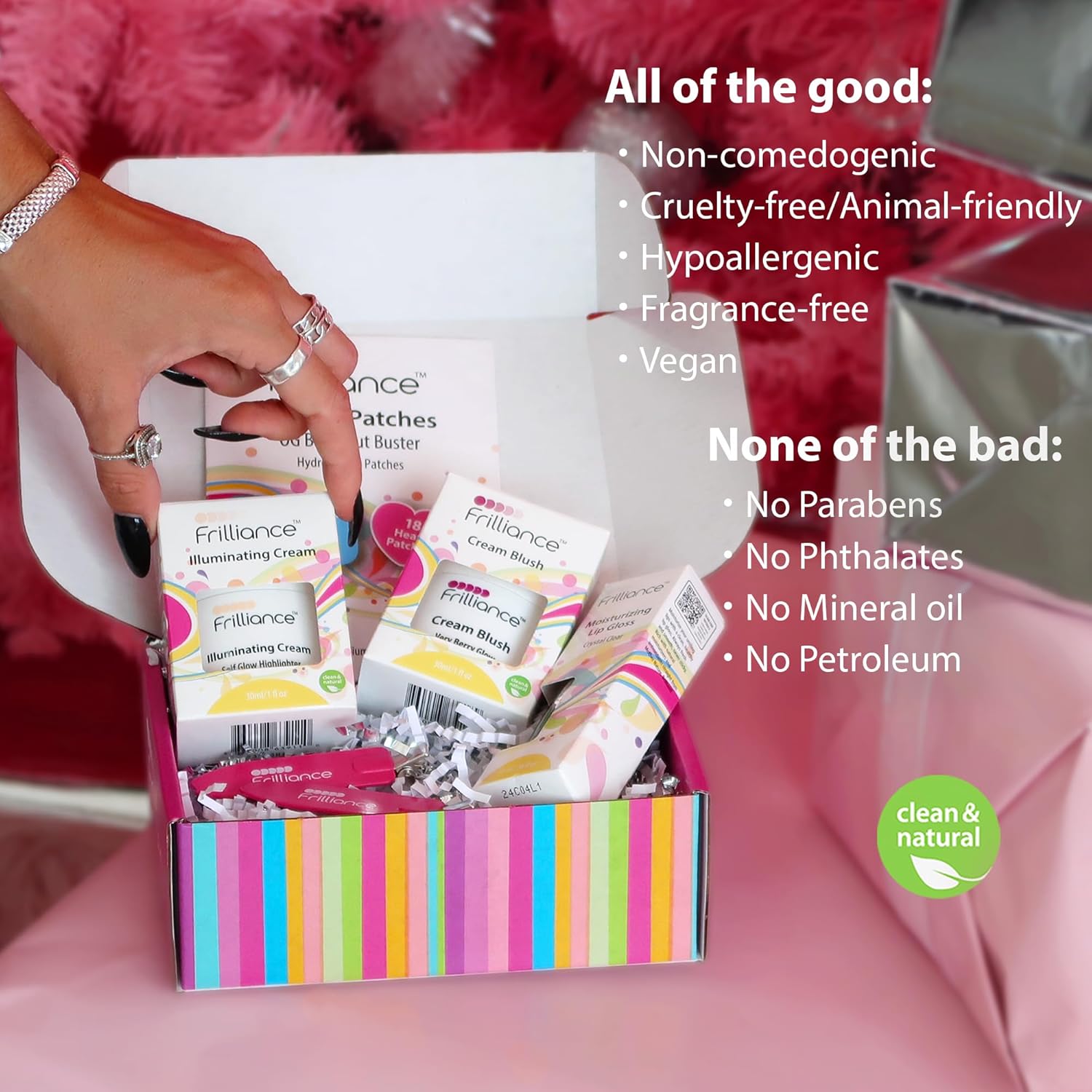 Favorite’s – Paquete de belleza y cuidado de la piel, parches para espinillas, brillo labial transparente, crema iluminadora y rubor muy brillante