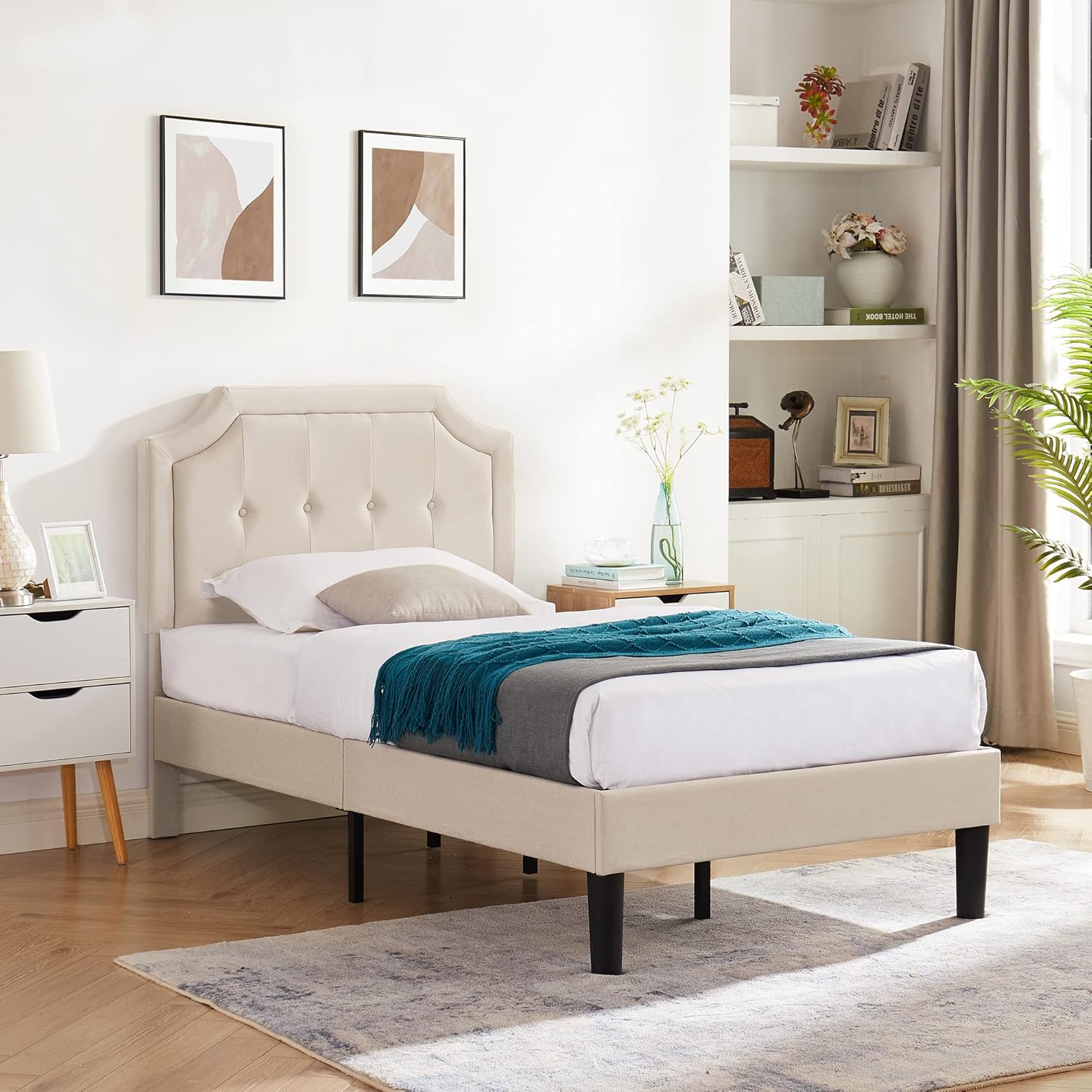 VECELO Base de cama de plataforma tapizada individual con cabecera de panel cosida con botón ajustable, soporte de listones de madera fuerte, diseño