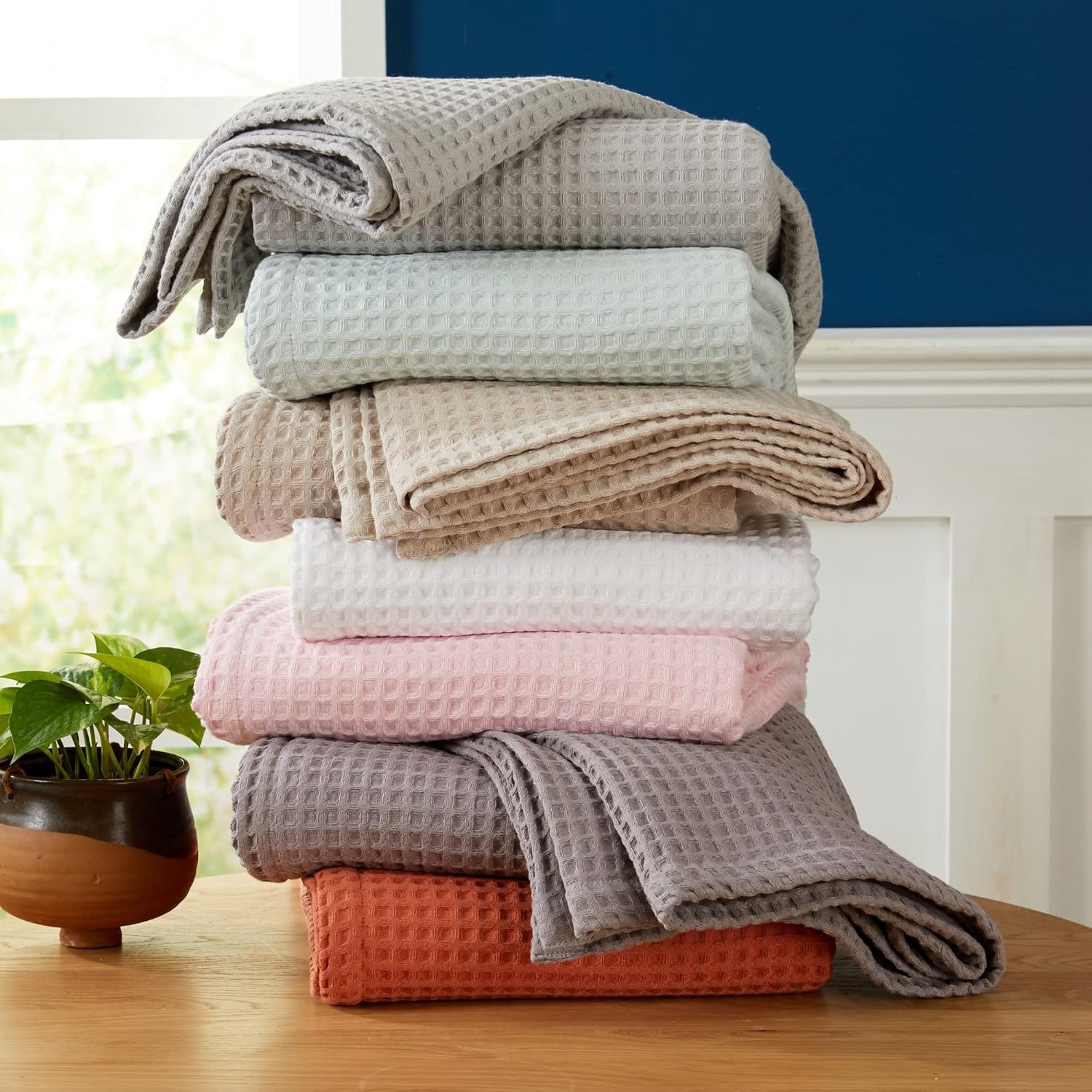 Manta de cama 100% algodón con tejido de gofre, suave, transpirable y ligera para todas las estaciones, perfecta para usar en capas, colección