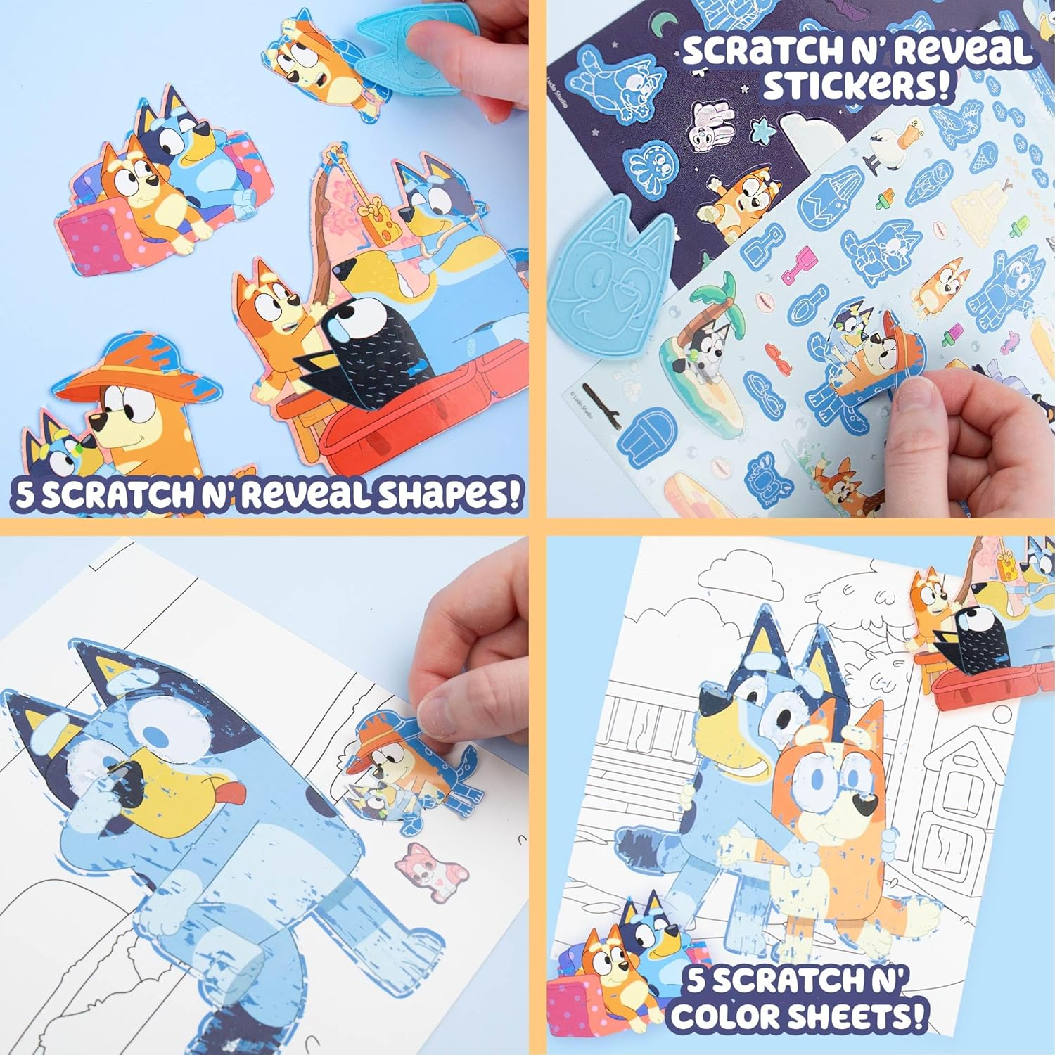 Bluey Scratch ‘n Color Pad, libro de actividades para colorear de 9 páginas, incluye arte para rascar, calcomanías para niños, juguetes Bluey para