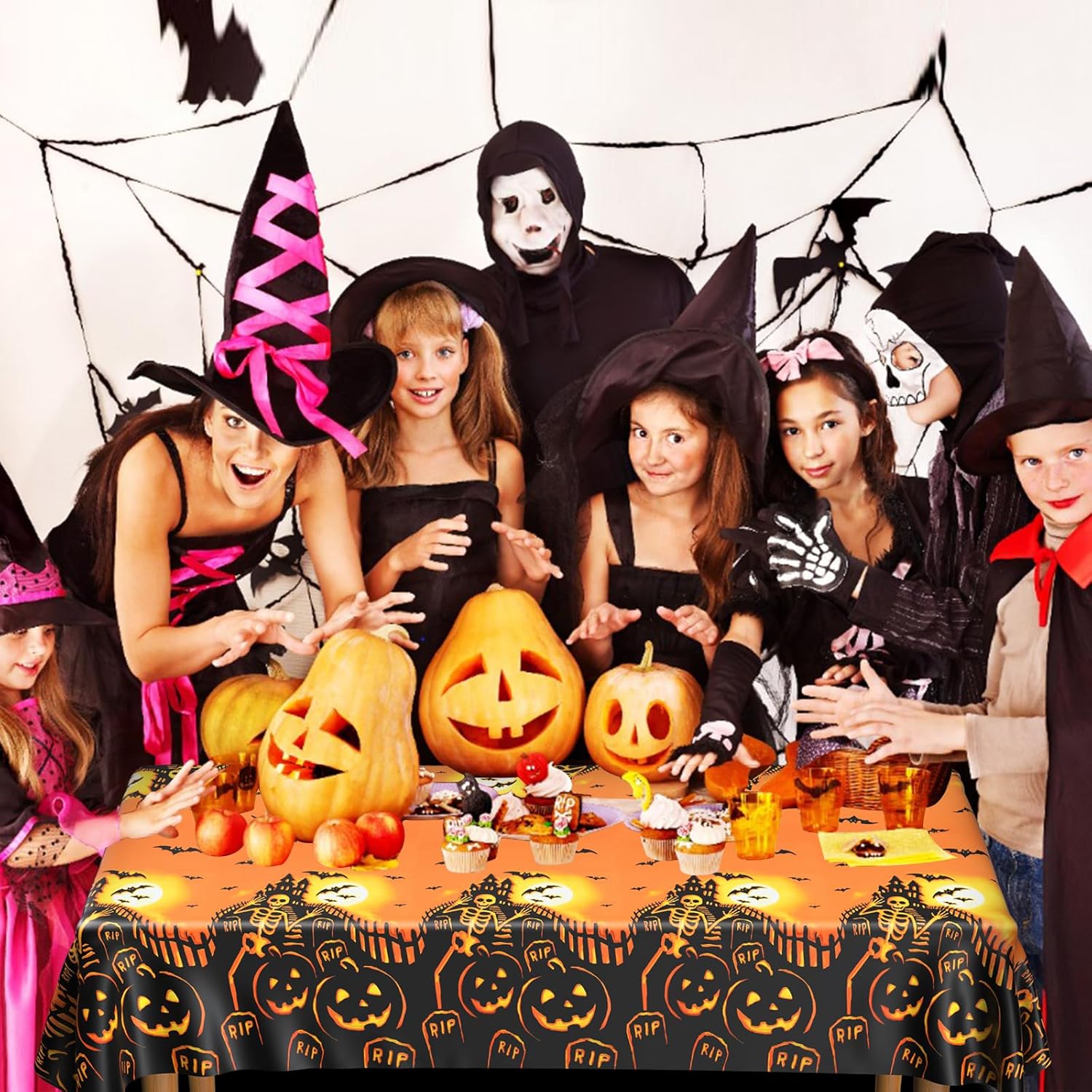 PLULON Mantel de Halloween de 54 x 108 pulgadas, diseño de calabaza, murciélago, esqueleto, calavera, mantel de plástico para decoración de mesa de