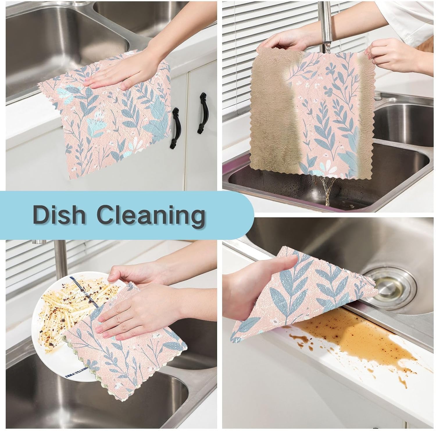 Pink Blue Floral Floral Pattern Microfiber Kitchen Towels Washcloth Turkish Tea Towels Absorbent Dish Towels and Dish Cloths Decorative Kitchen Hand