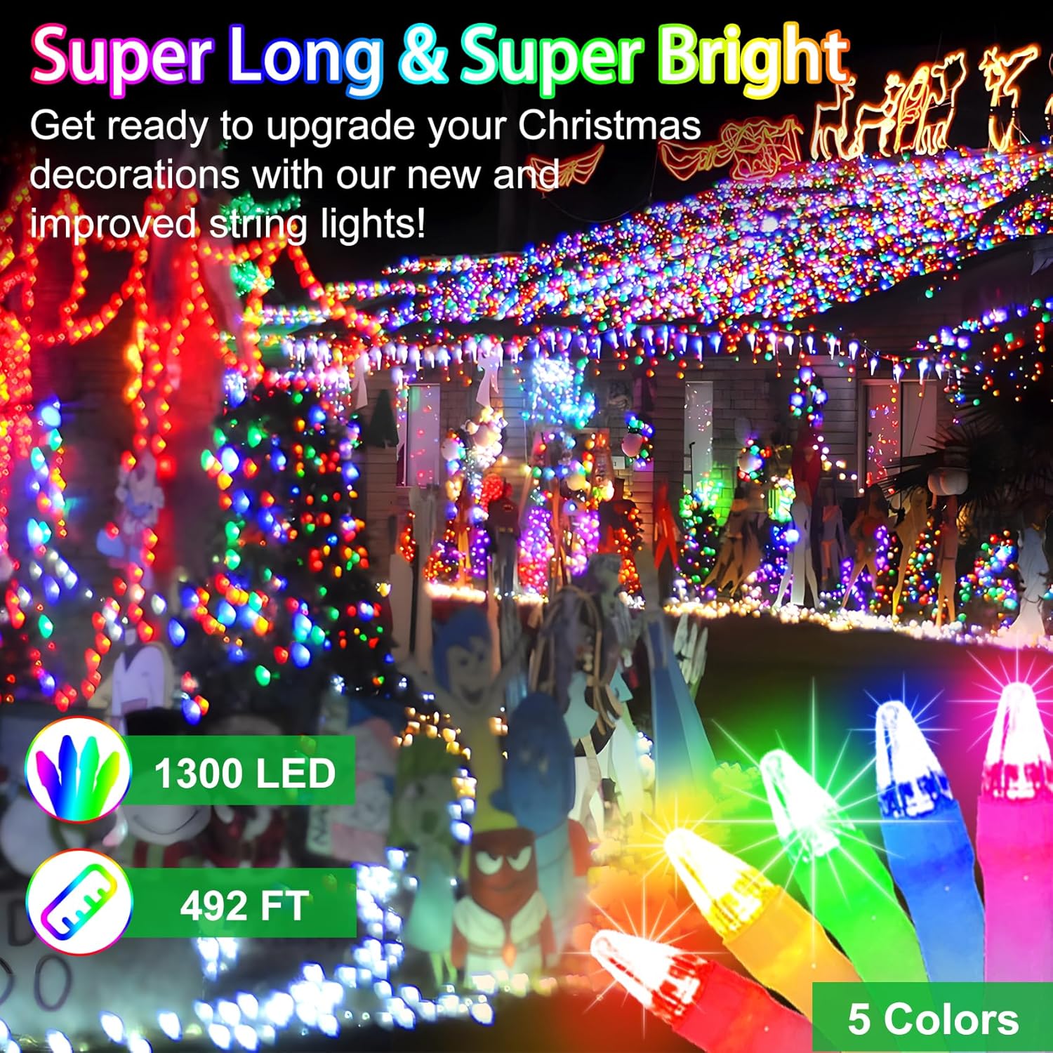 Luces de Navidad para exteriores de 492 pies, 1300 luces LED súper largas, 8 modos de iluminación y memoria de temporizador, cuerdas de luz