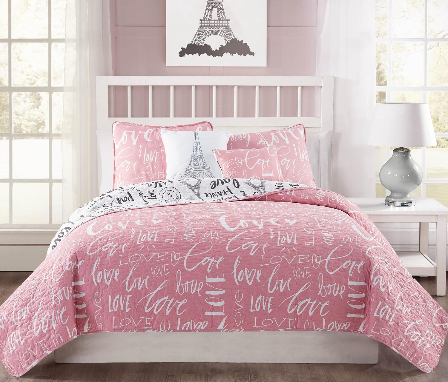 Bonjour, set de 5 unidades de colcha reversible, tamaño queen., RosadoBlancoNegro, King