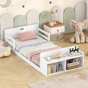 Cama de suelo de tamaño individual con rieles y banco de almacenamiento, marco de cama de madera para niños con cabecera y estribo, no necesita Cama de suelo de tamaño individual con rieles y banco de almacenamiento, marco de cama de madera para niños con cabecera y estribo, no necesita