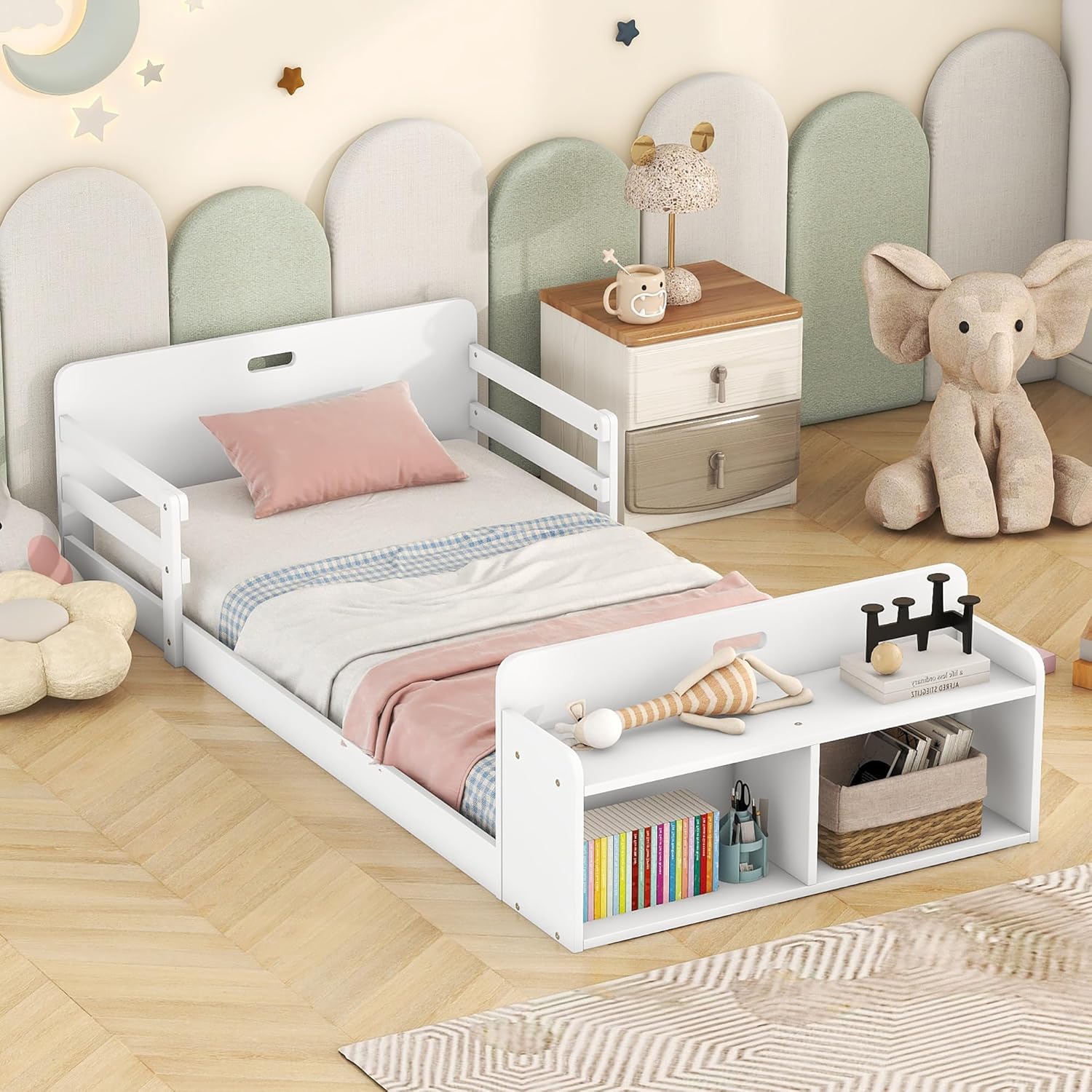 Cama de suelo de tamaño individual con rieles y banco de almacenamiento, marco de cama de madera para niños con cabecera y estribo, no necesita