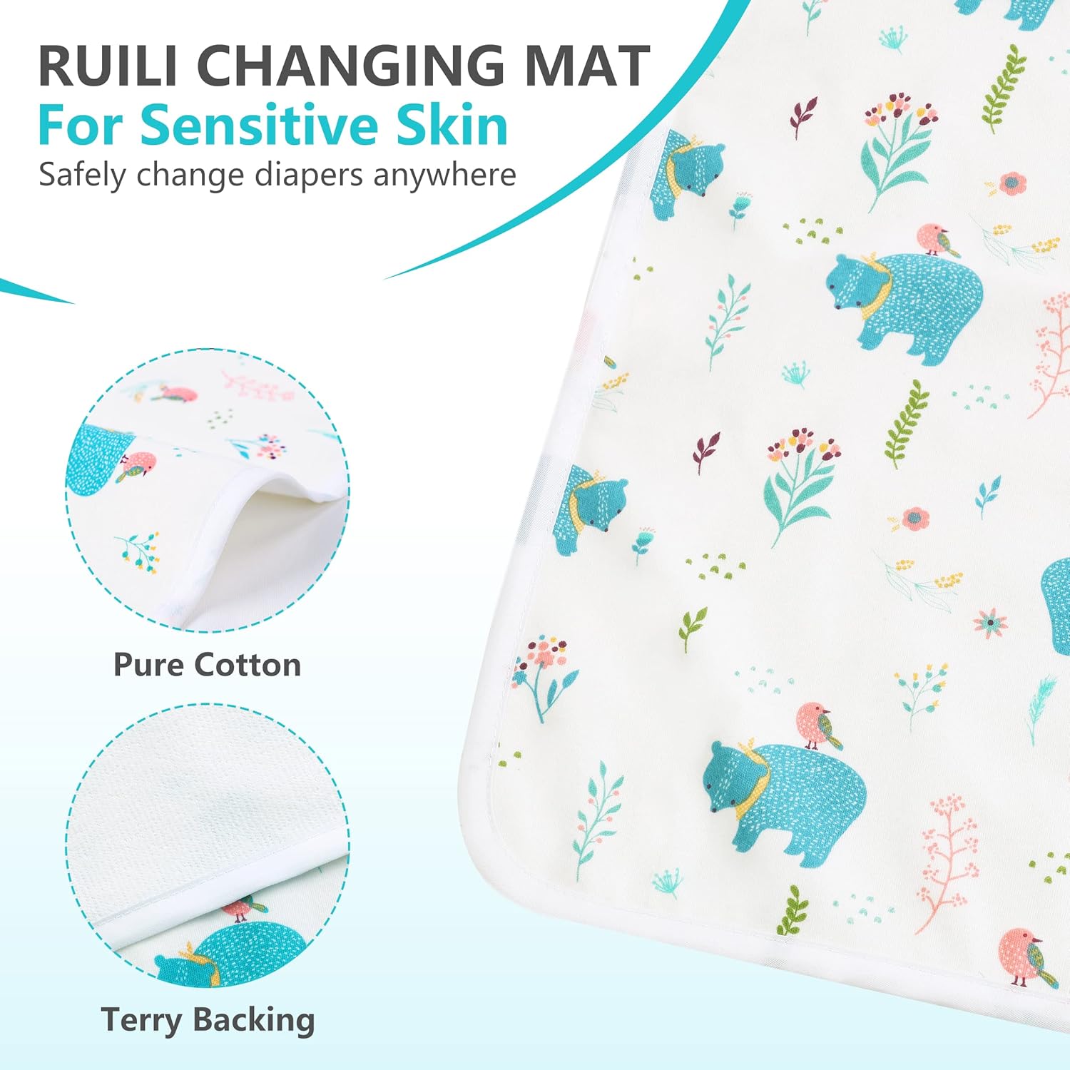 RUILI Cambiador de pañales impermeable para bebé, algodón suave reutilizable, tapete cambiador absorbente portátil para niñas, niños y mujeres