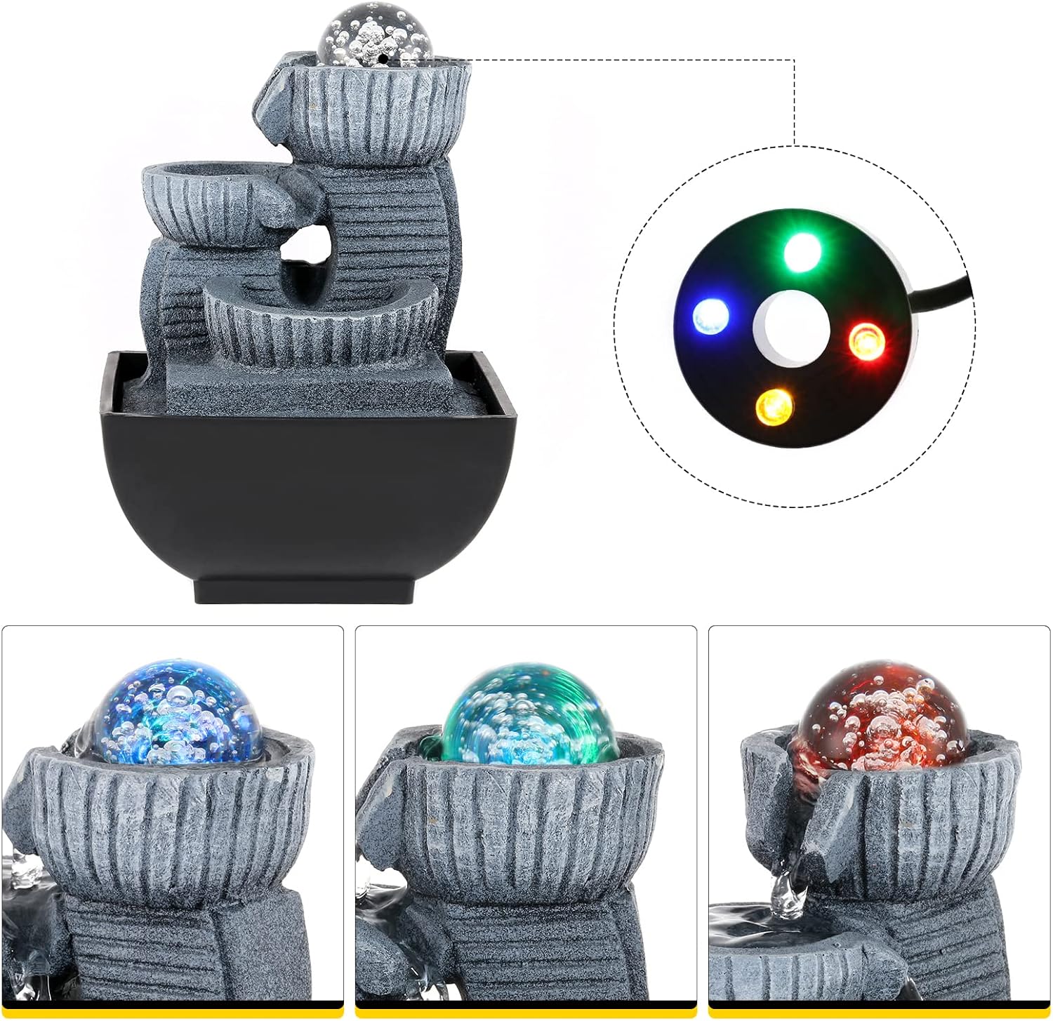 Dyna-Living Fuente de agua de mesa para interiores, fuente de agua de relajación Feng Shui, fuente de cascada con luces para decoración del hogar,