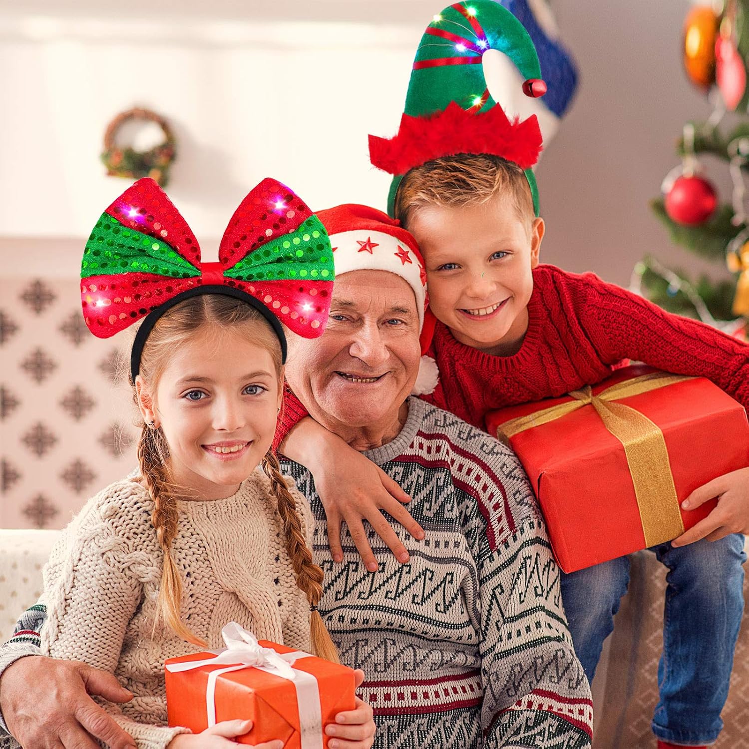 ELCOHO Paquete de 6 diademas LED de Navidad con luz para disfraz de reno, lazo de Navidad, disfraz de elfo, bandas para el pelo para fiestas de