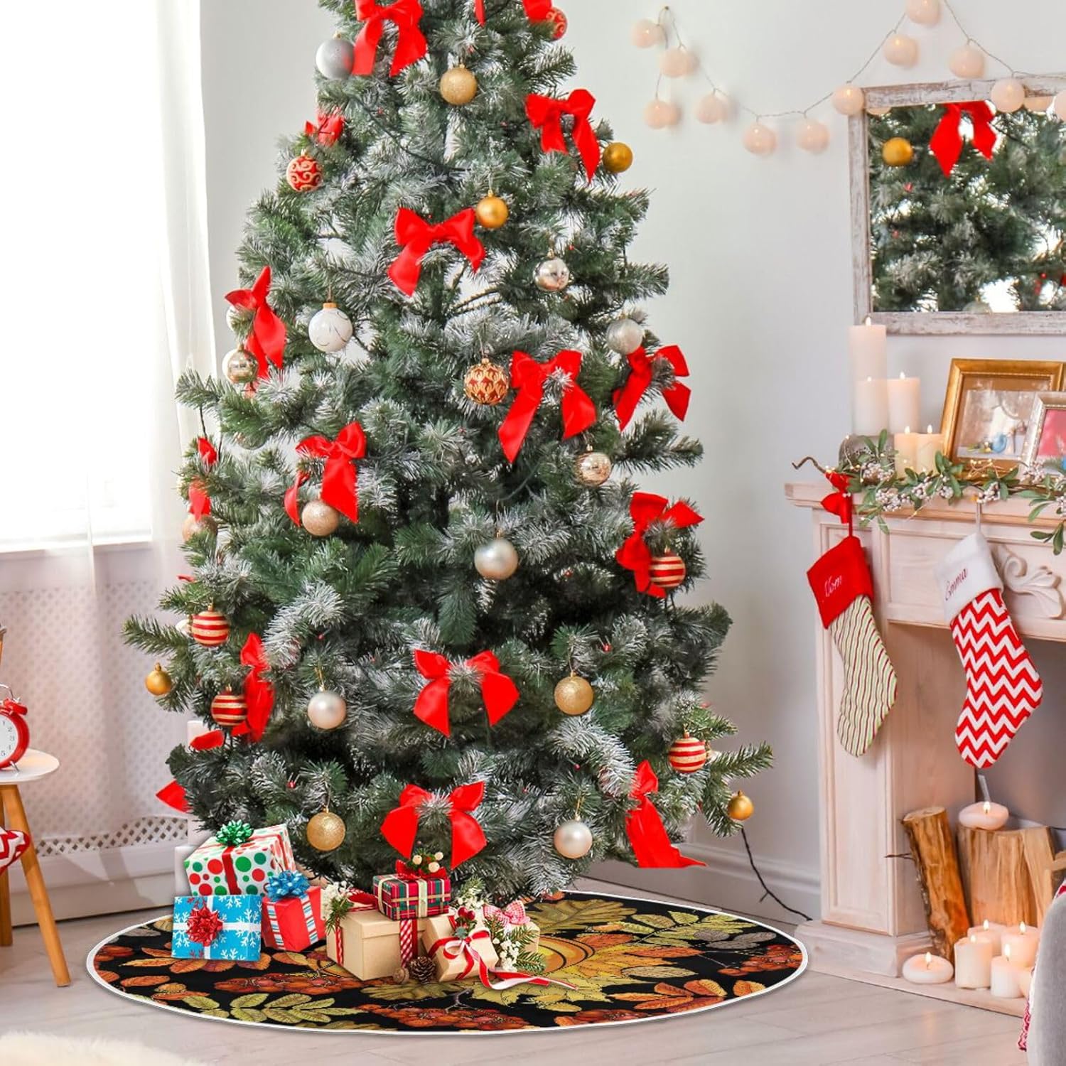 Hojas de otoño, calabazas de arce, decoraciones para árbol, falda de árbol lavable de 35.4 pulgadas, decoración de árbol de Navidad de otoño