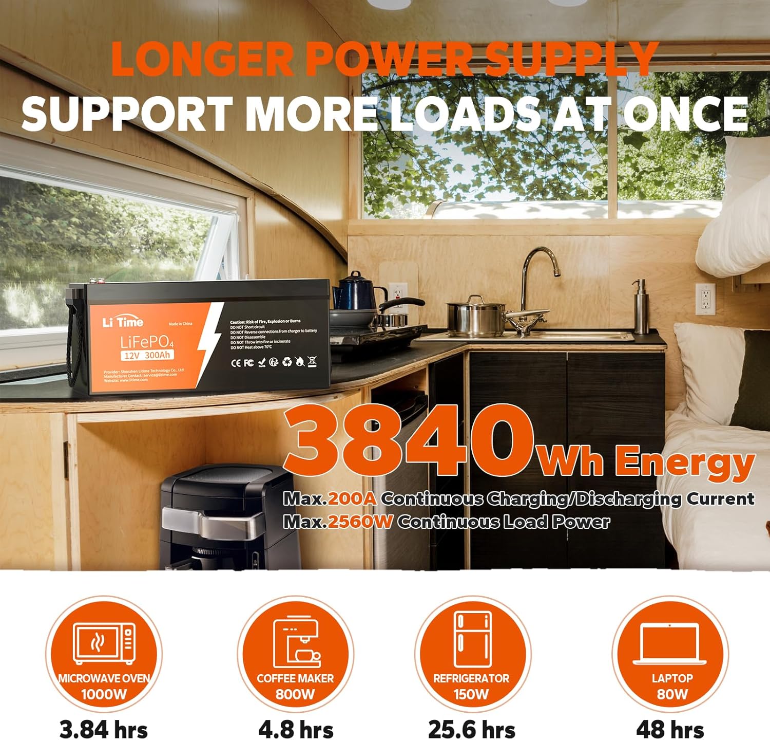 LiTime Energía de 3.84 kWh con baterías LiFePO4 de 12 V 300 Ah, incluidas con un cargador solar MPPT de 1224 V 30 A y un inversor de onda sinusoidal