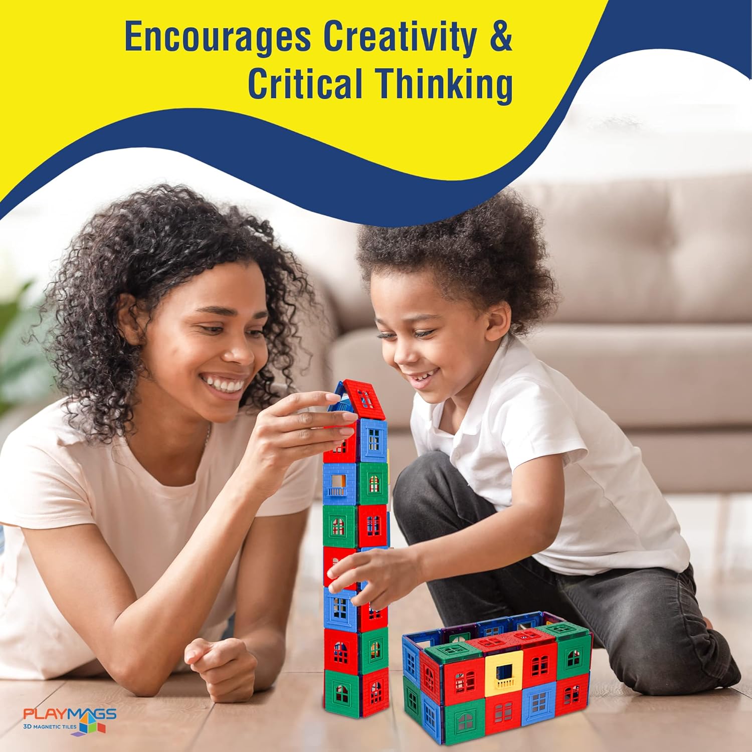 Playmags Exclusivo Juego de 60 piezas – Juego de azulejos magnéticos 3D, 30 marcos de ventana y 30 ventanas de clic, azulejos de construcción de