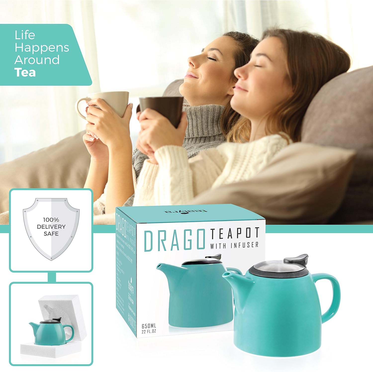Tealyra – Tetera pequeña de cerámica Drago Turquesa – 22oz (2-3 tazas) – Con tapa de acero inoxidable e infusor extrafino para té de hojas sueltas –