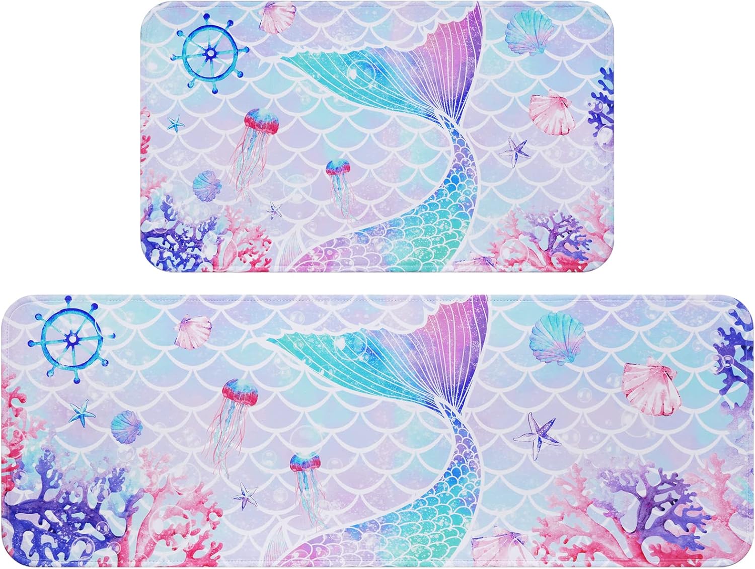 FRAMICS Juego de 2 tapetes de baño de sirena, tapetes de baño rosa y azul para niñas, alfombras de baño suaves y absorbentes, antideslizantes, para