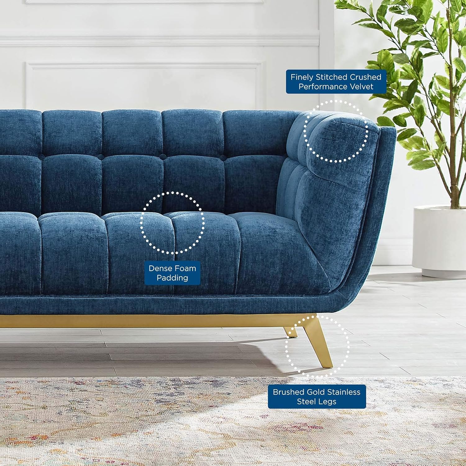 Modway Bestow – Sofá capitoné de terciopelo de alto rendimiento, azul marino